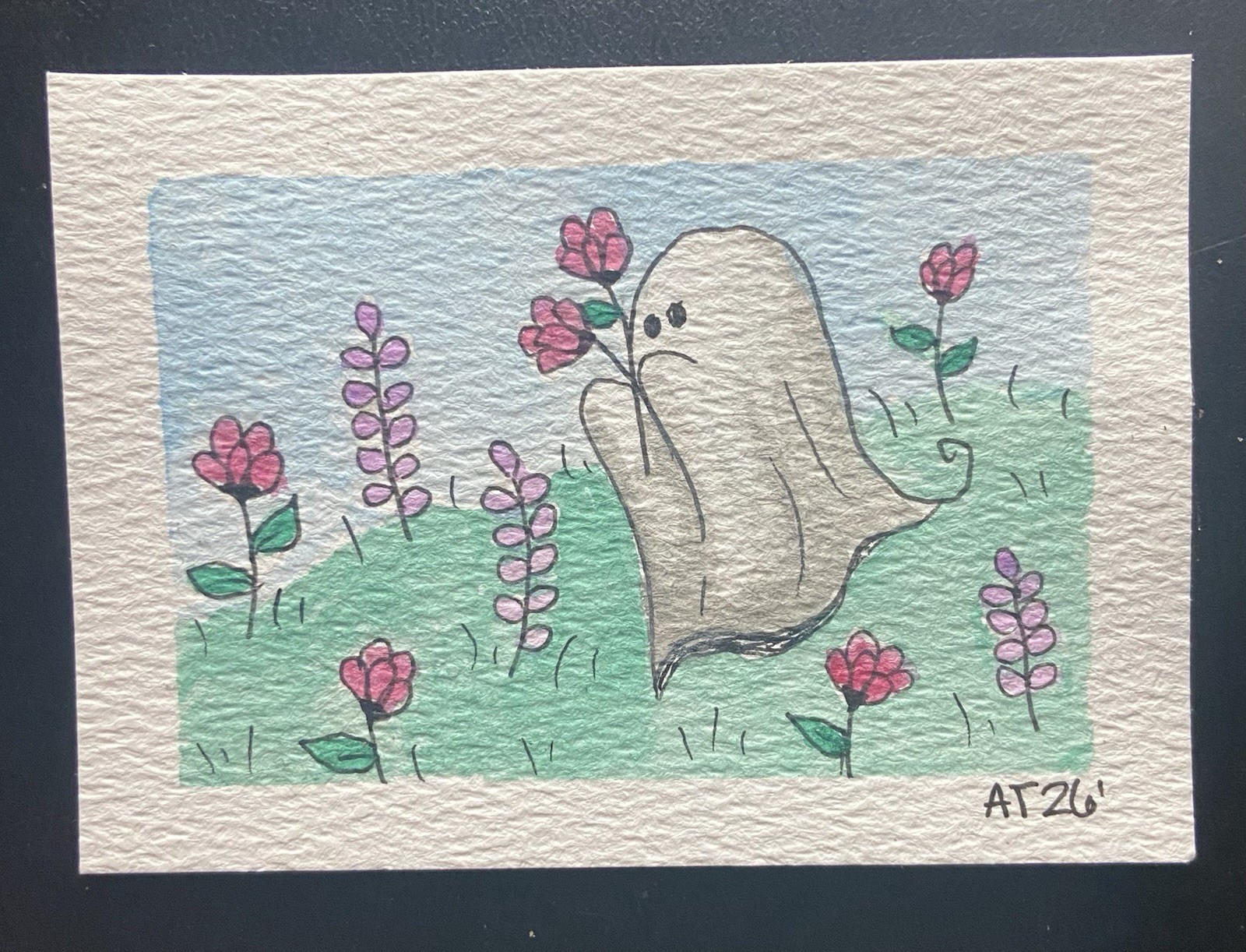 Ghost Picking Flowers ACEO Original Watercolor And Ink 2.5×3.5