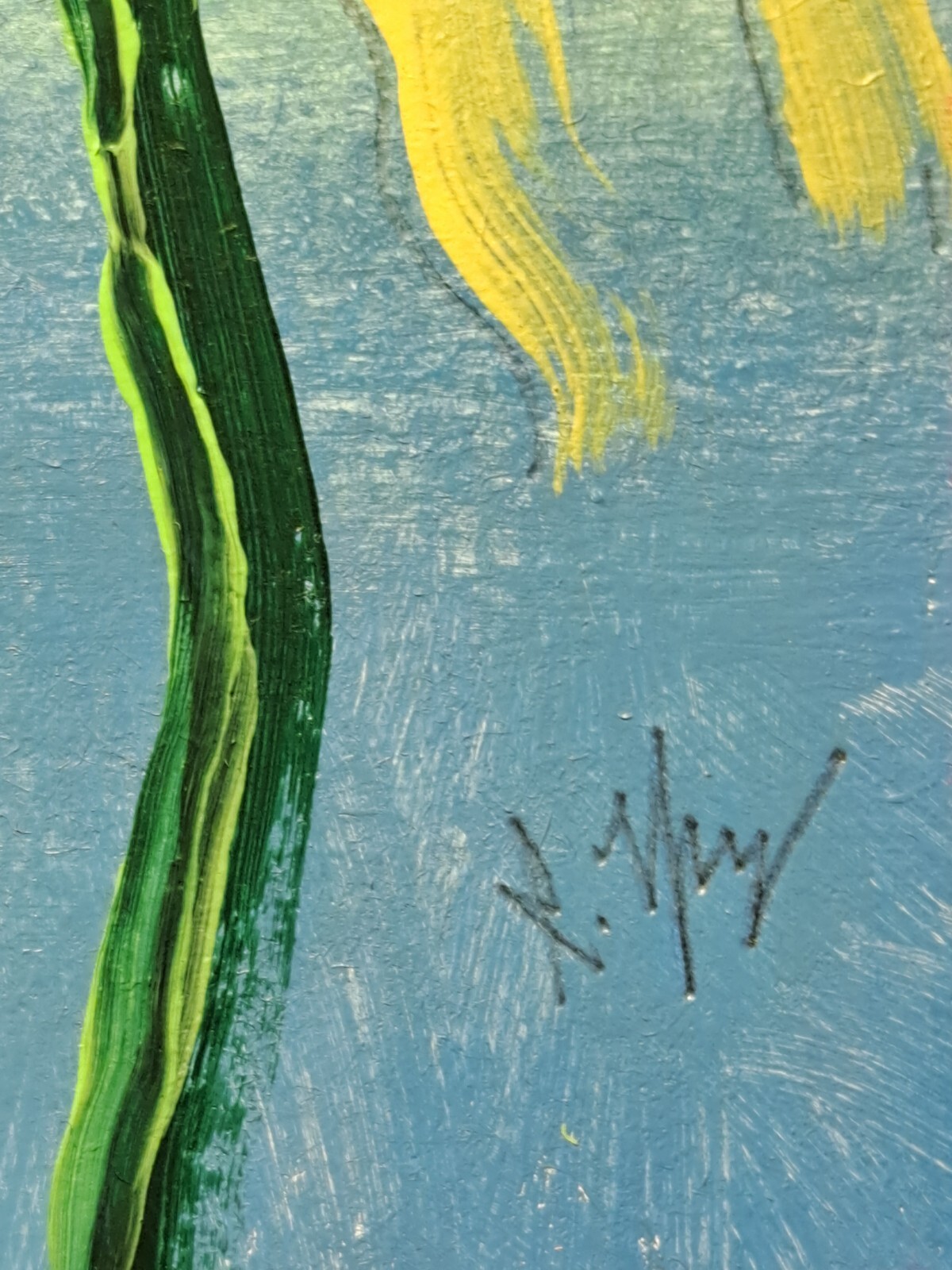 Blue yellow acrylic ink «Yellow Flower» Artcard Limited 1/1 Signed by artist