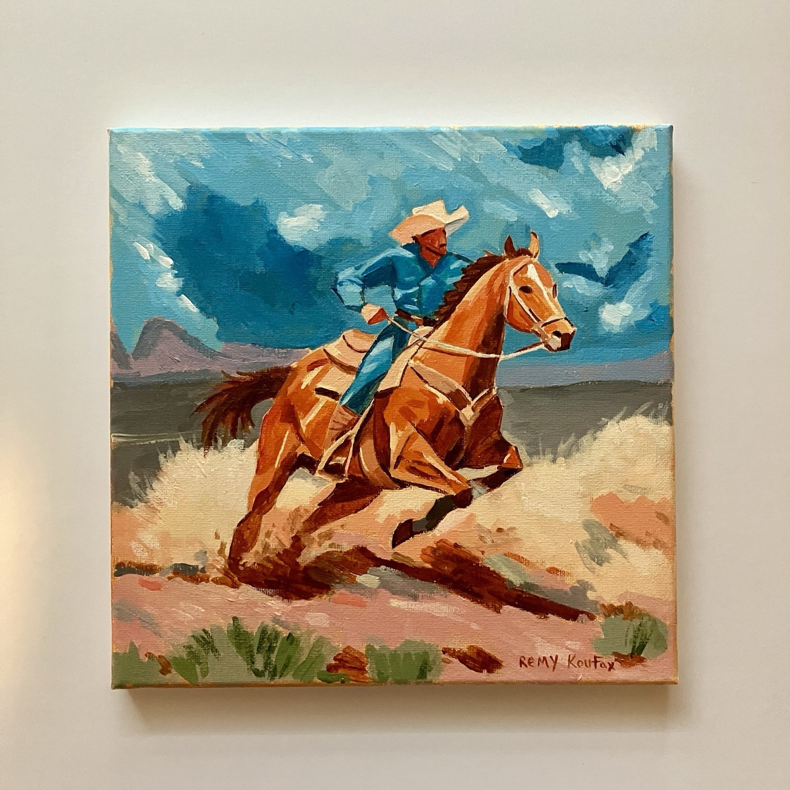 Original Acrylic Western Painting Cowboy Horse Rider 10×10 Inches Signed Art