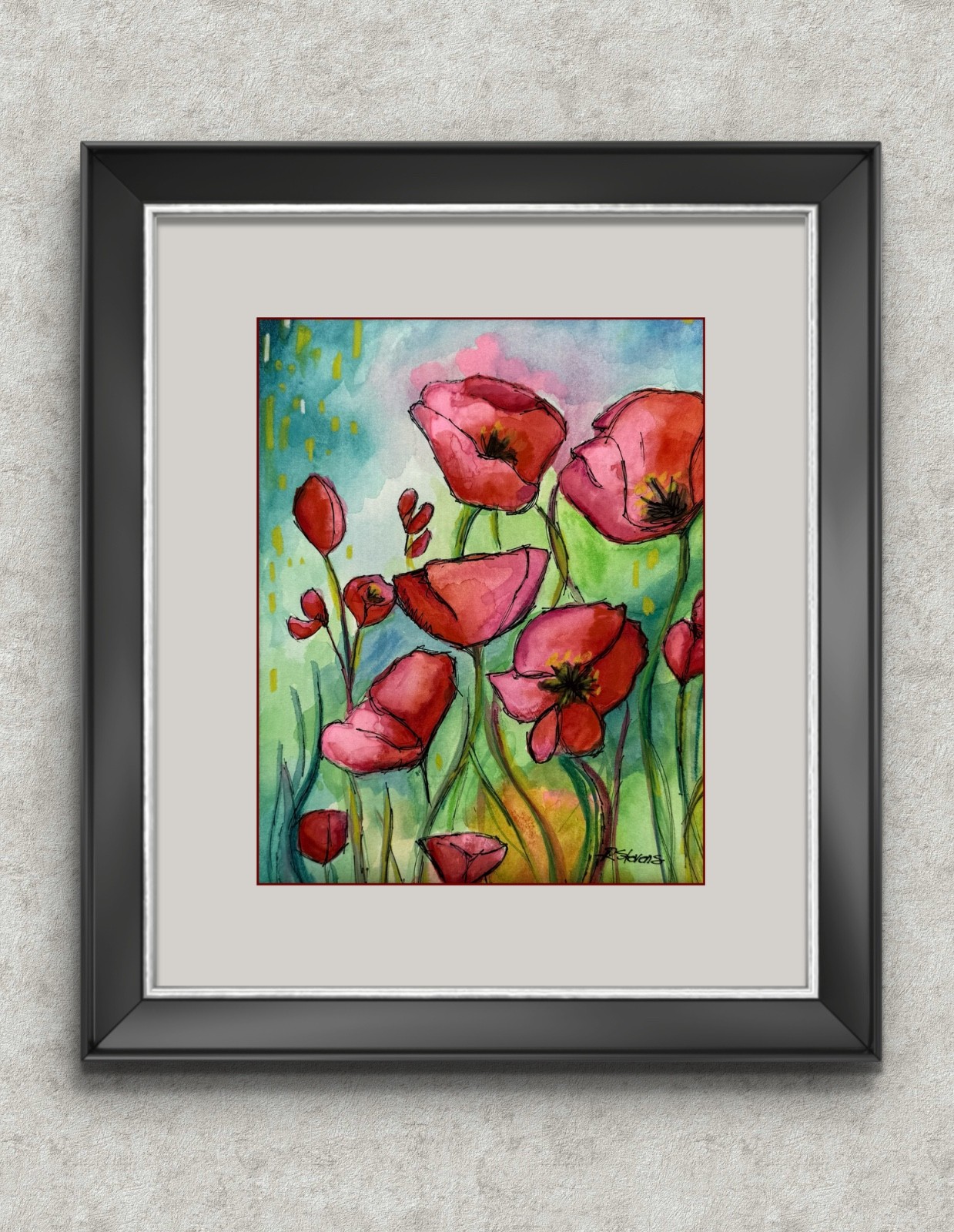 Original 8×10 Red Poppy Painting Mixed Media Floral Wall Art