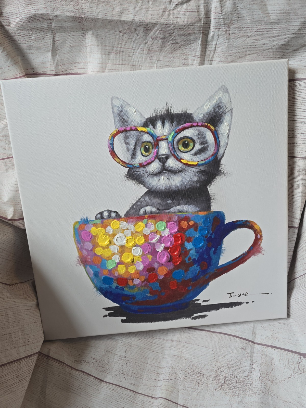 Canvas Colorful Cute Little Cat With Glasses In Teacup 16″ x 16″ Amber Art