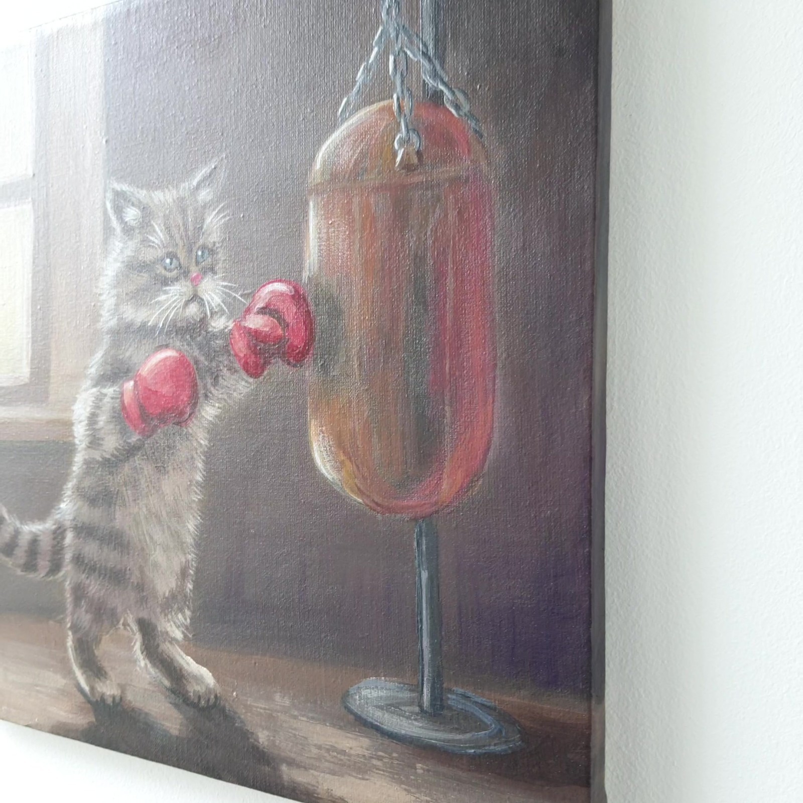 Funny Cat Boxing Oil Painting Original Animal Art Canvas Cute Kitten 10×10