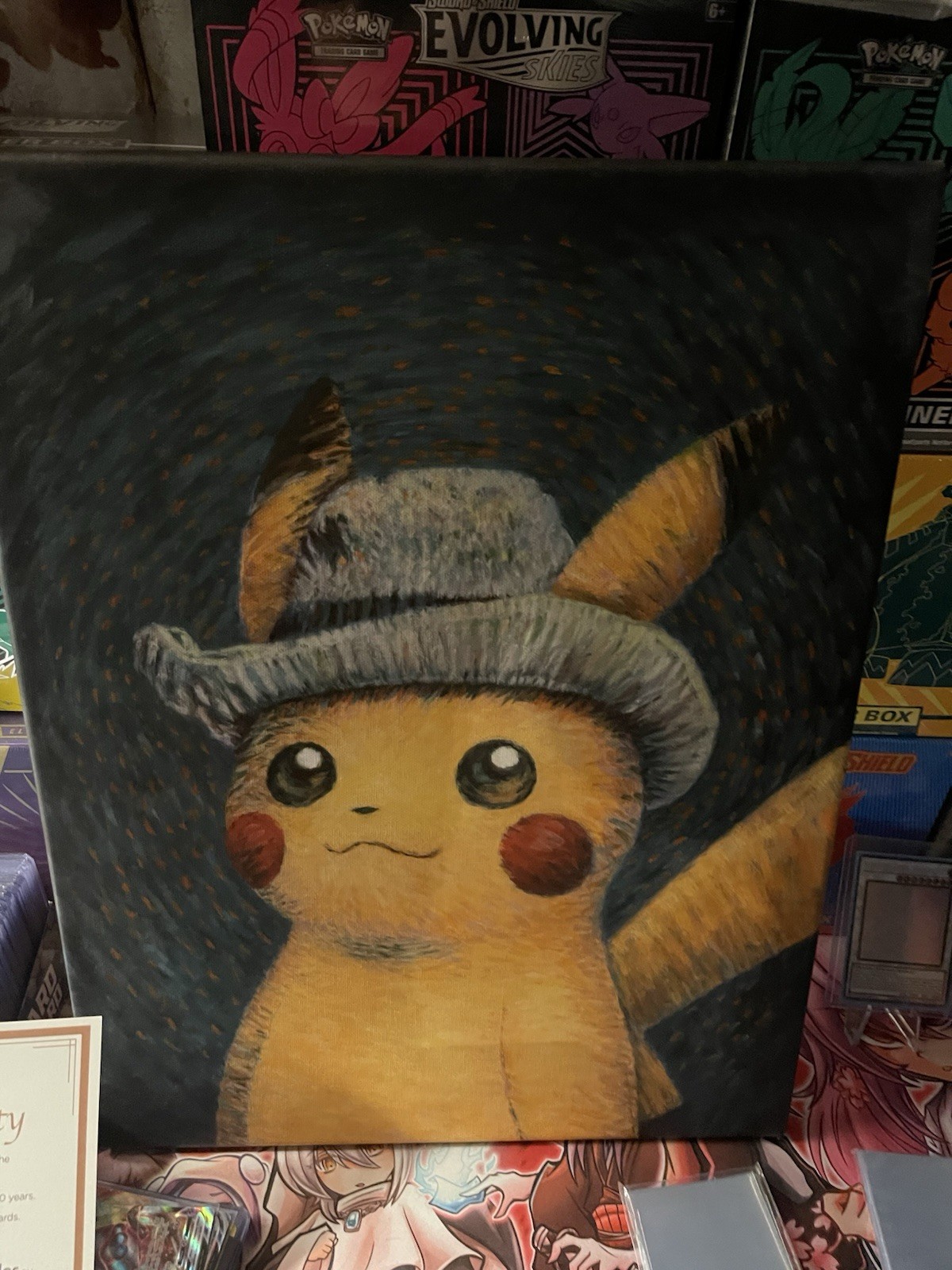 Sealed pikachu with grey felt hat with plushy and van Gogh PikachuCanvasPainting