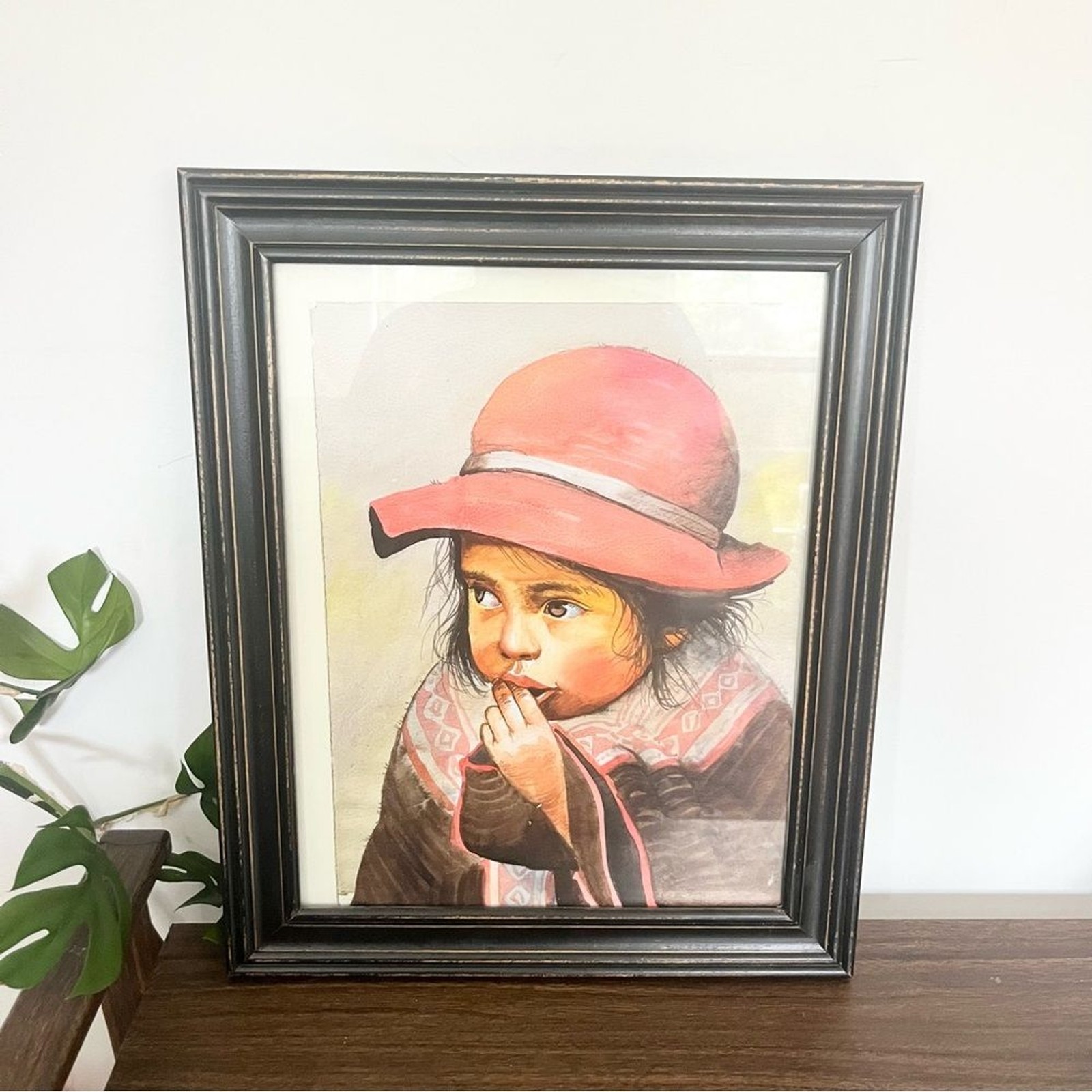Peruvian Girl w Red Hat Watercolor Original Art Framed Portrait in Frame 14×17