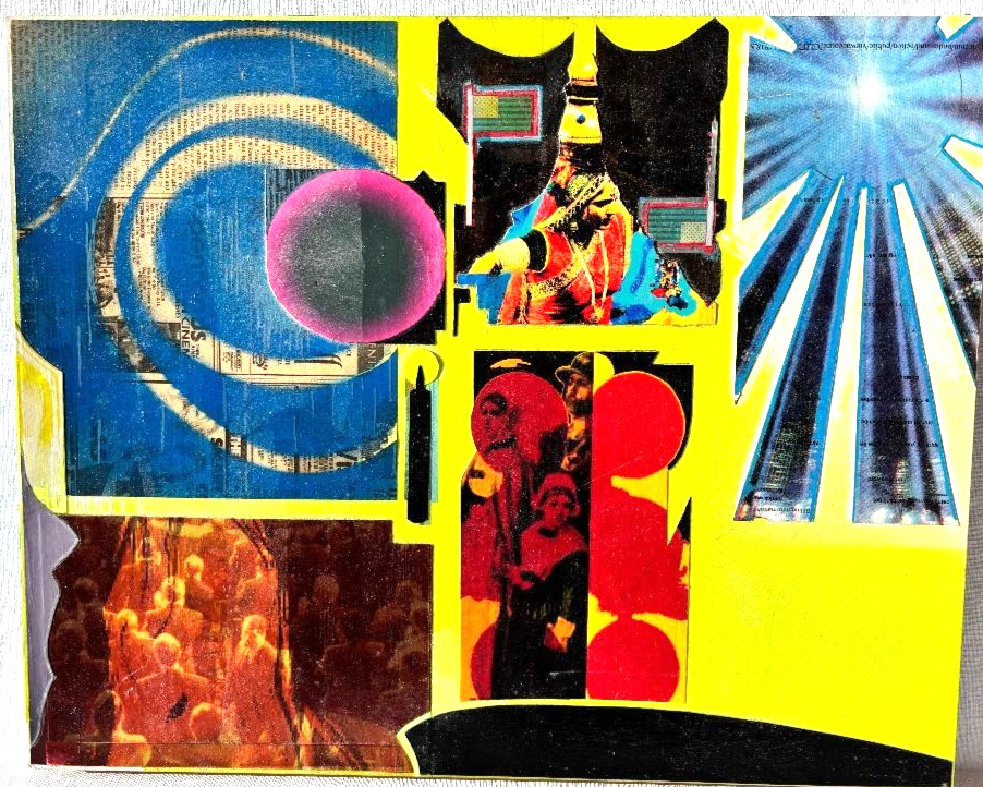 Original 16″h x 20″w mixed-media collage by contemporary artist Patrick Warner
