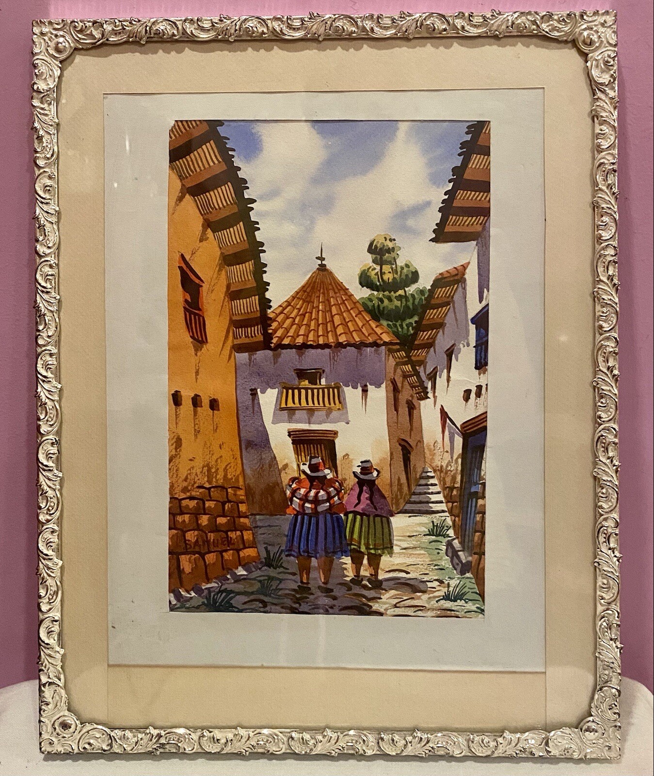 MCM WATERCOLOR CUZCO Street Scene, SIGNED “SAMUEL” GORGEOUS FRAME 11×14