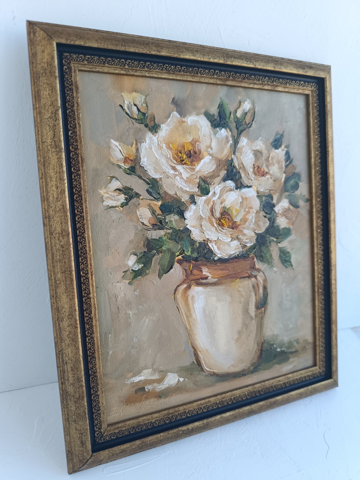 White Roses in a Vase Original Oil Painting Framed Floral Wall Art 8×10 in