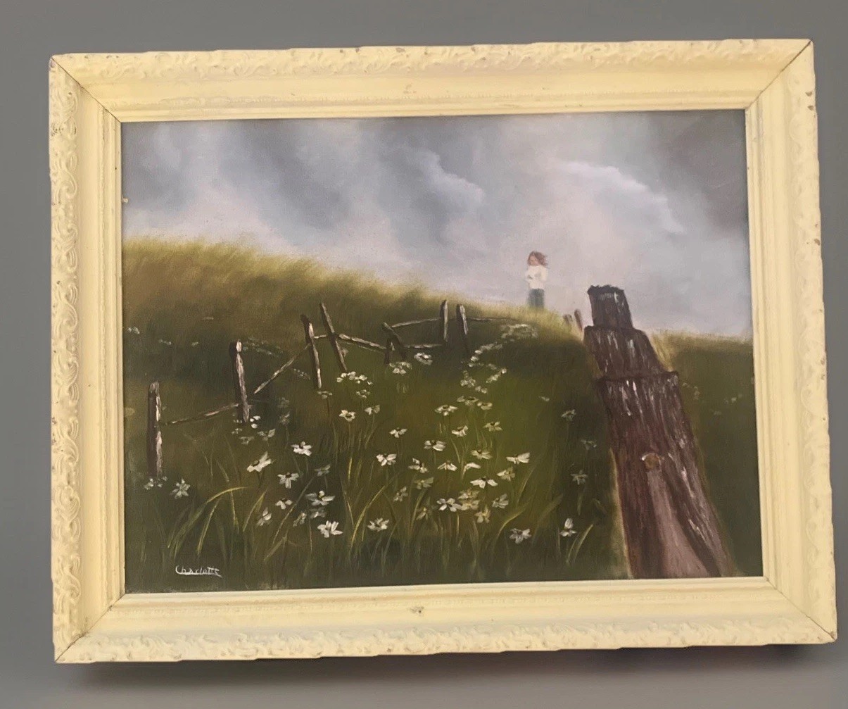 Vntg Original Oil Painting Girl In Field Of Daisies 28” X 22” Daisy Free Ship!