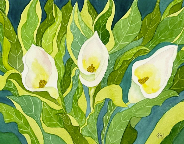 PAINTING WATERCOLOR 11X14 & MAT 16X20 FLOWER CALLA LILY WHITE GREEN ORIGINAL ART
