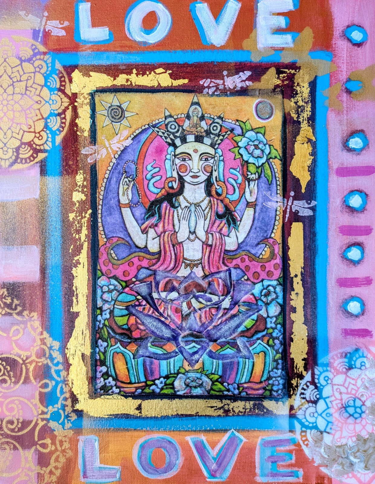 “LOVE LOVE” Small Acrylic, Gold Leaf & Spray Paint Canvas | Chenrezik Buddha