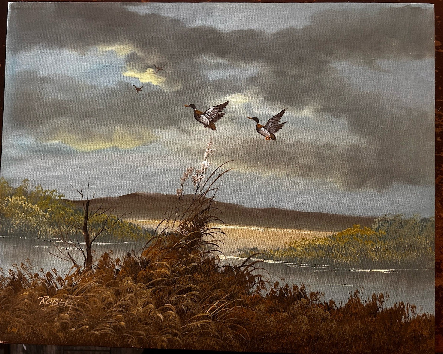 Vintage Original Landscape w/ Flying Ducks 16×20 Painting Signed Roberts