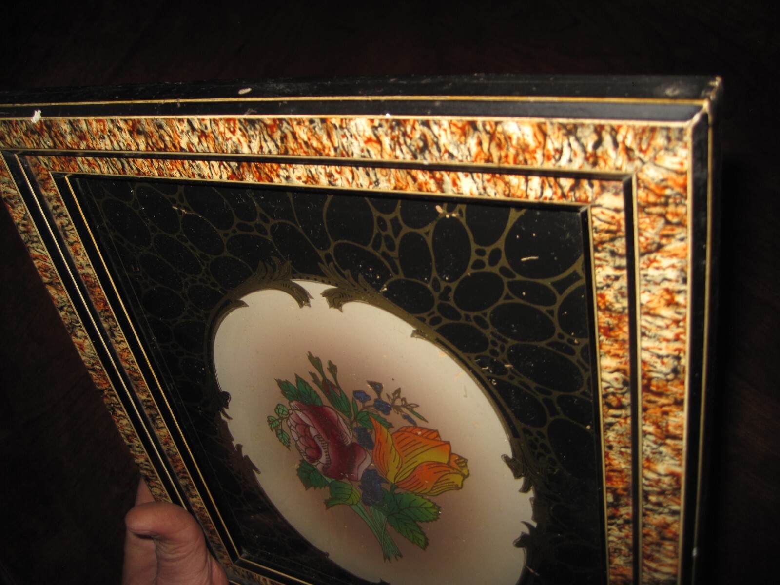 Antique Reverse Painted Glass Framed Floral Art Nouveau Deco