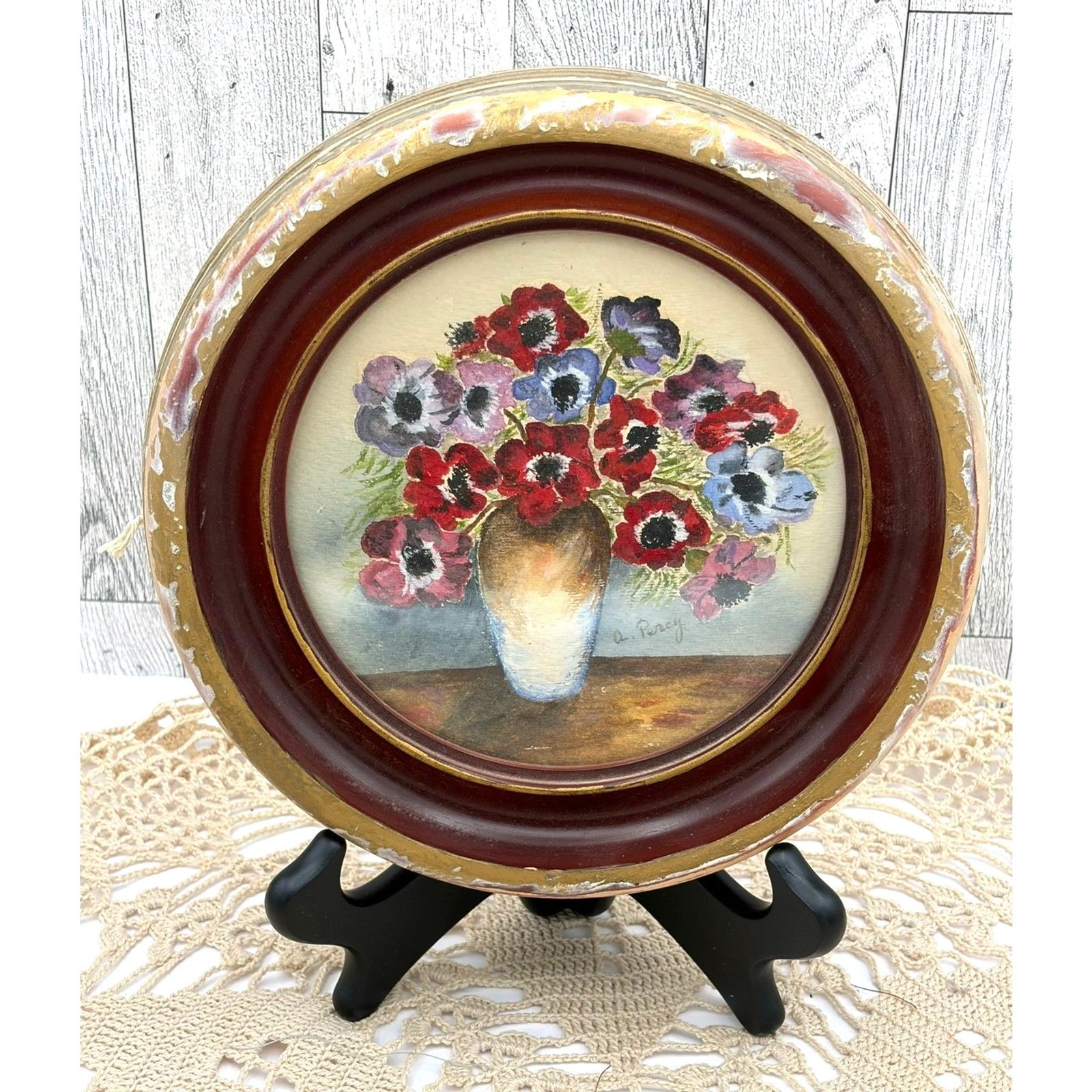 Antique Signed Watercolor 1940s Round Framed Glass Pansies in Vase Wall Hanging