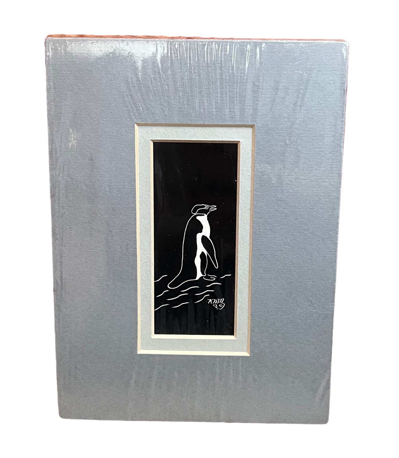 Kathleen Mitts Lange Miniature Penguin Bird Scratch Board Oil Painting Signed