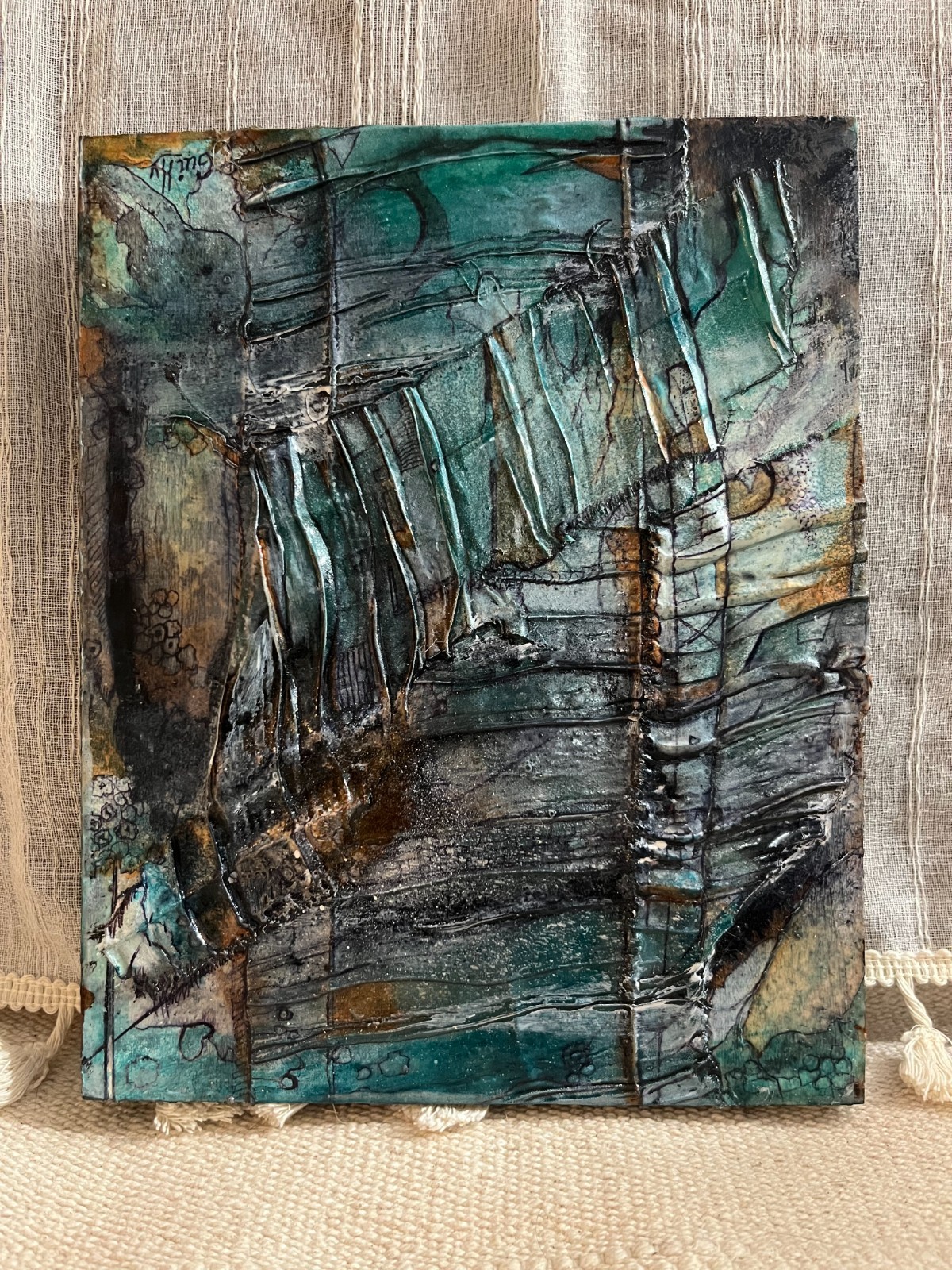 Signed “Guilly” Contemporary Mixed Media Abstract Painting Textural Urban Indust