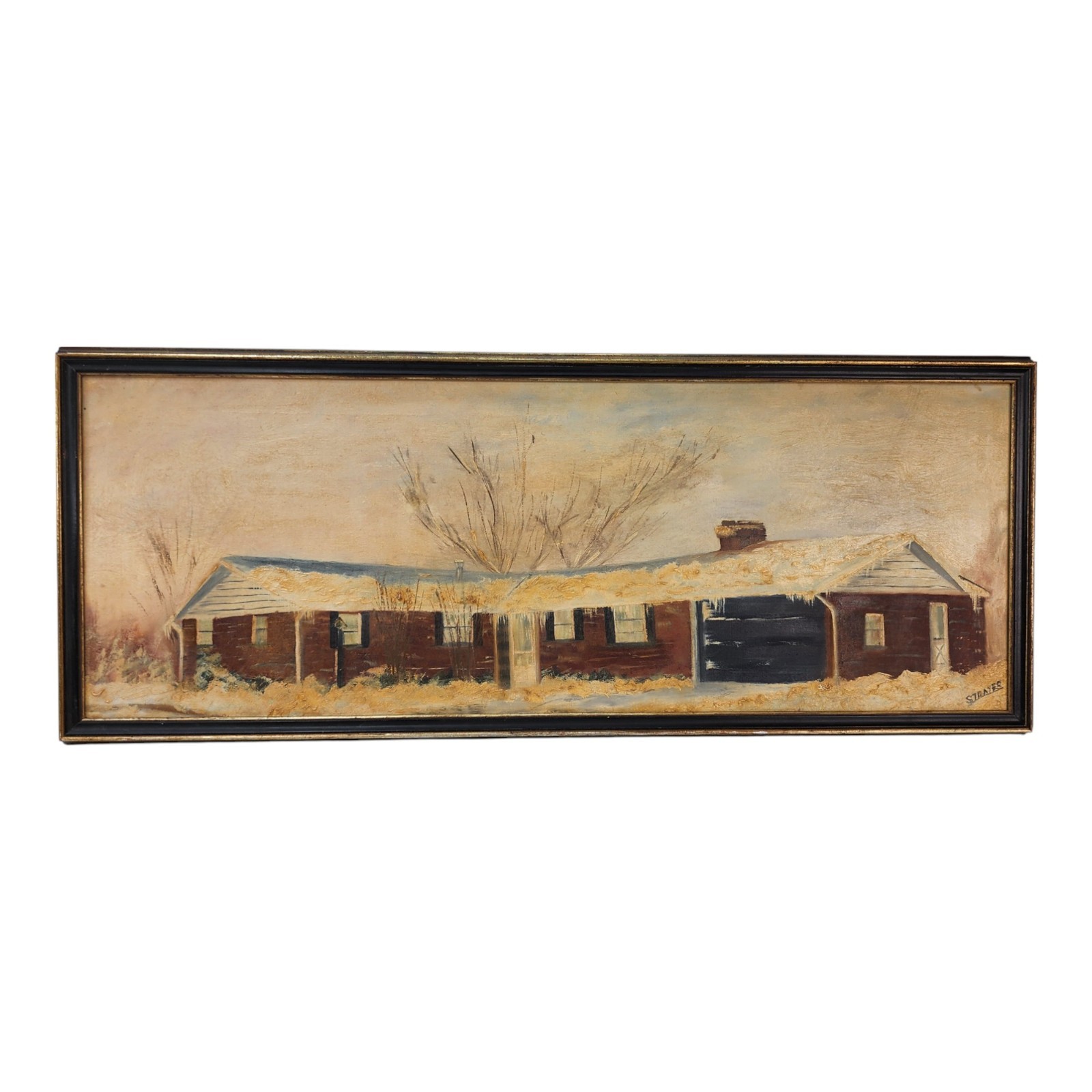 VTG Oil Painting on Canvas Signed Rustic Country Cabin Ranch Forest Art Flawed