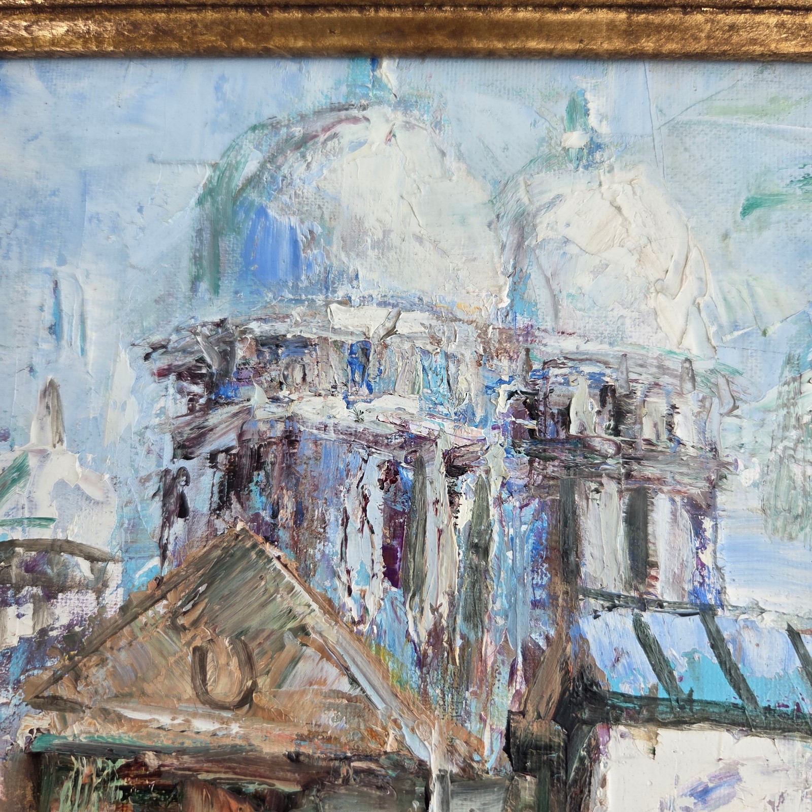 Vintage Abstract Original City Scape Blue Gold Oil Painting Art 10″ x 13″