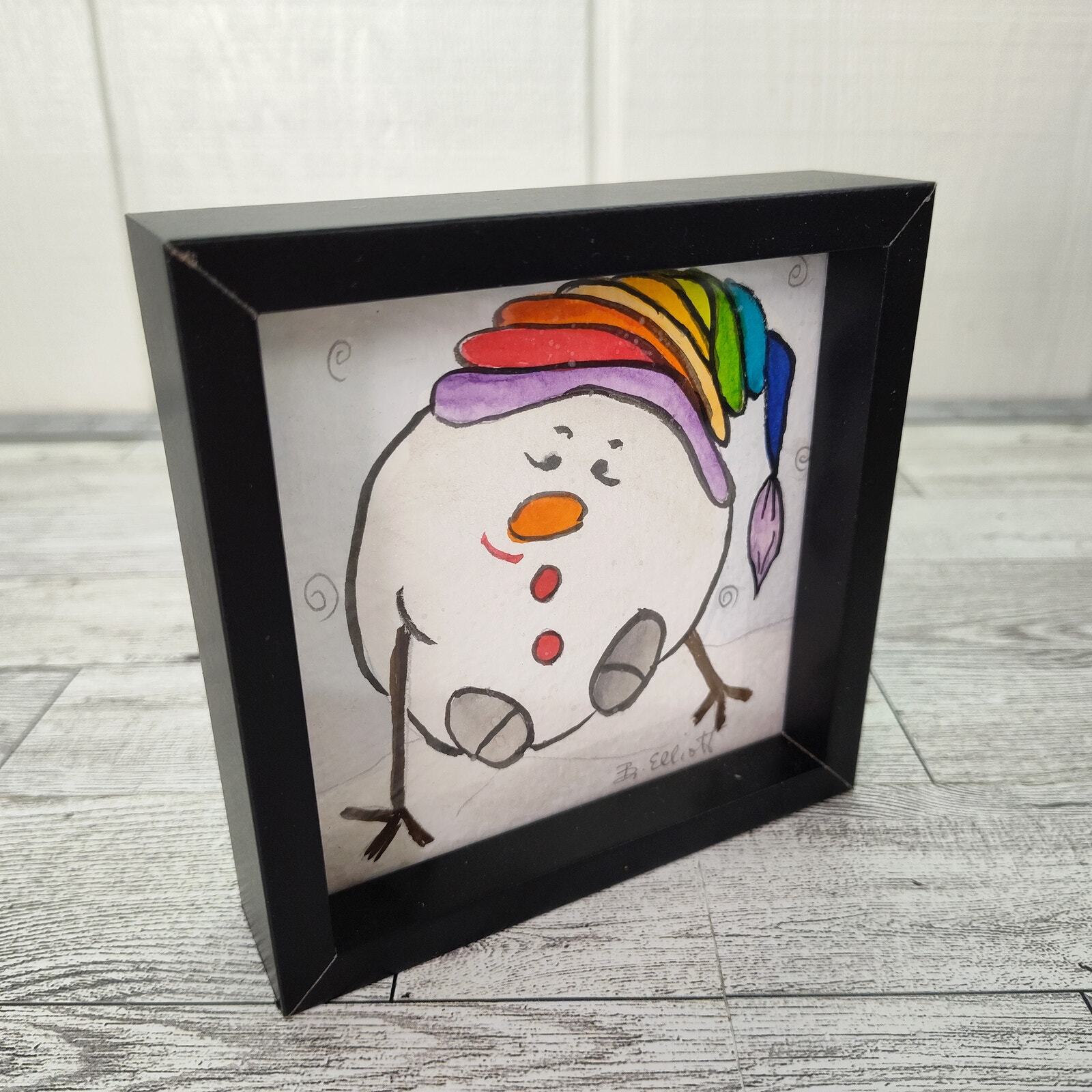 Rainbow Snowball Snowman Watercolor Art in Black Frame 4.5″ Square Table or Wall