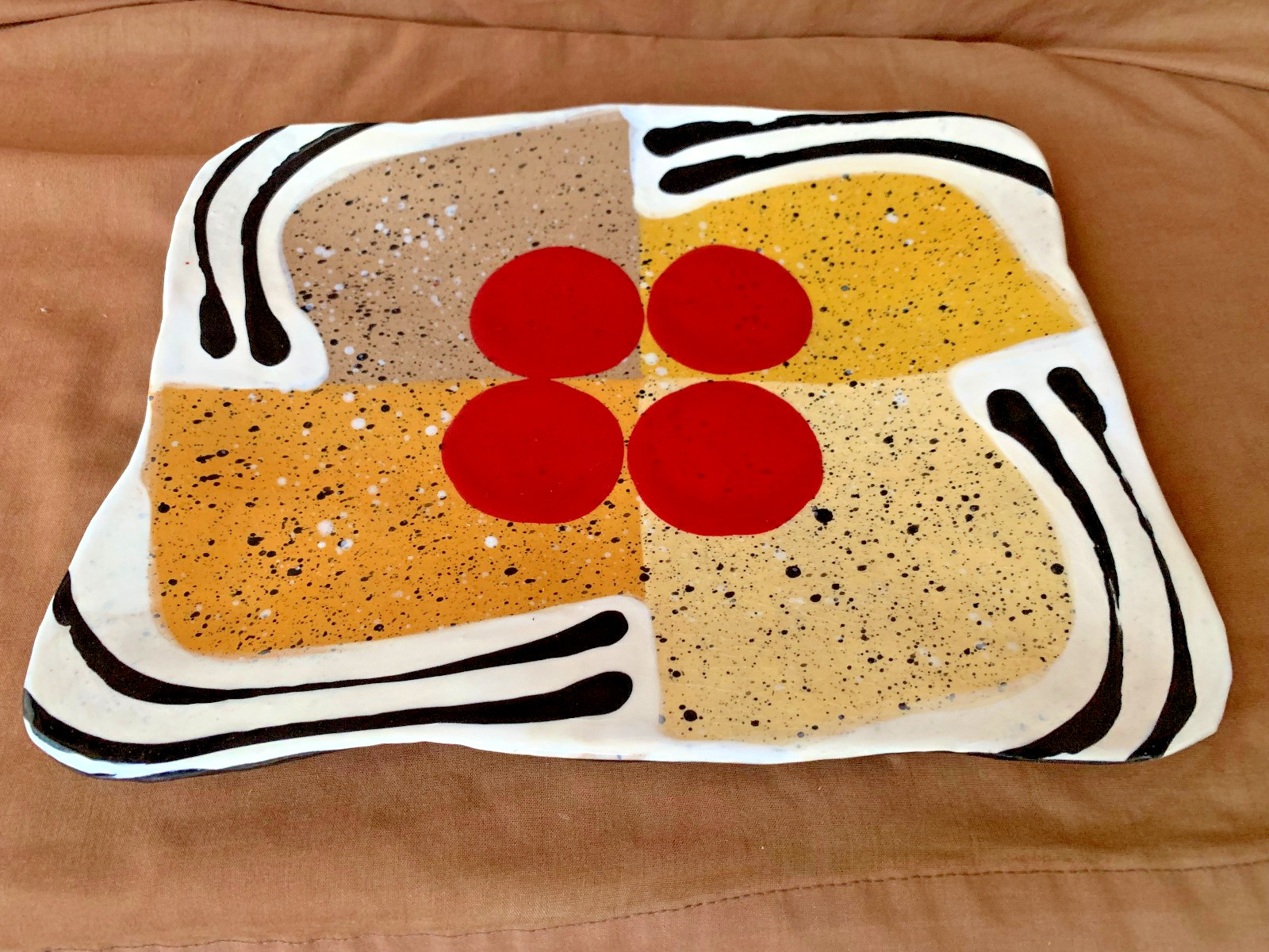 Listed Artist Jack Charney Mid Century Ceramic Tray Geometric Red Dots Ex Cond