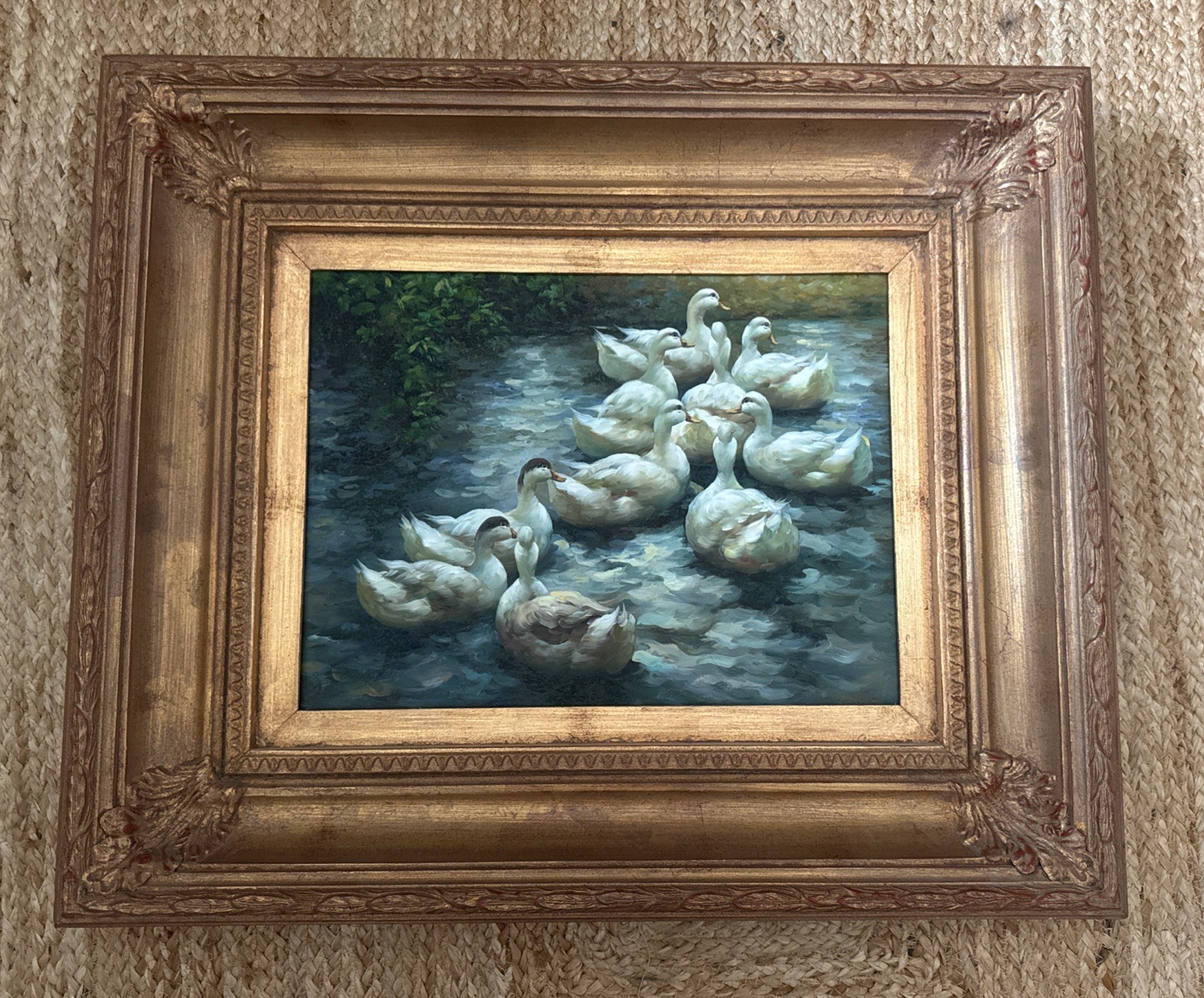 Exquisite Original Vintage Oil Painting, Ducks Resting, Pond, Signed Framed