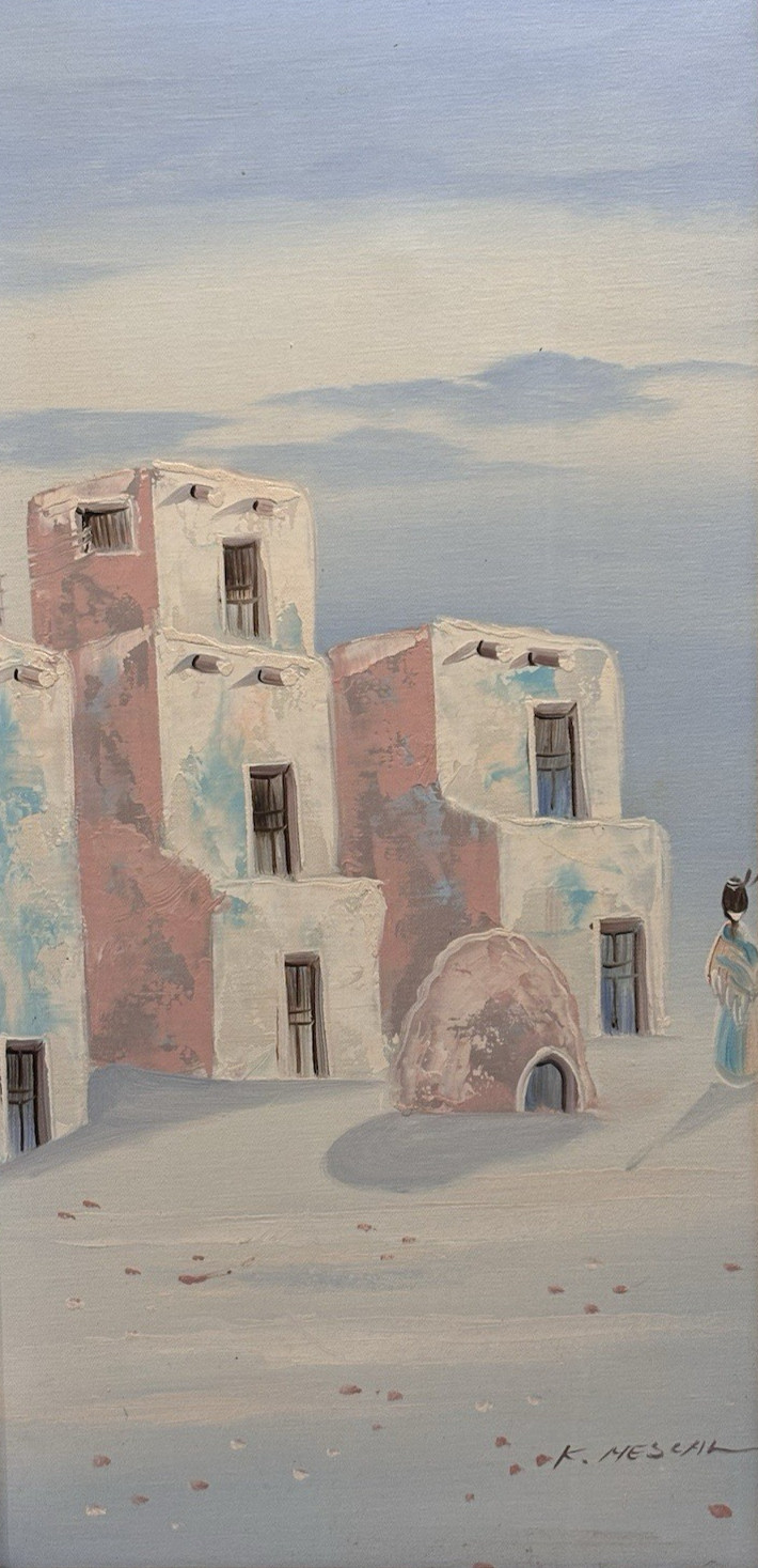 Original Signed Painting, Southwest Pueblo Adobe Homes, K. Mescal Oil On Canvas