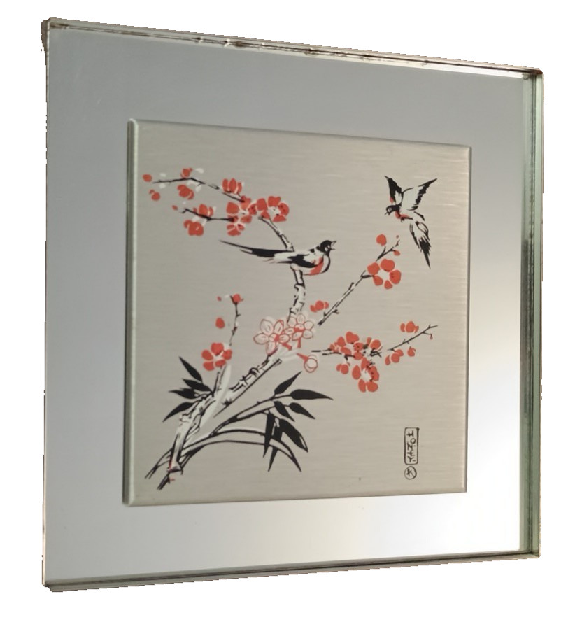 Vtg Plum blossom tree branch w Finch birds Painting Art Metal on Mirror Framed
