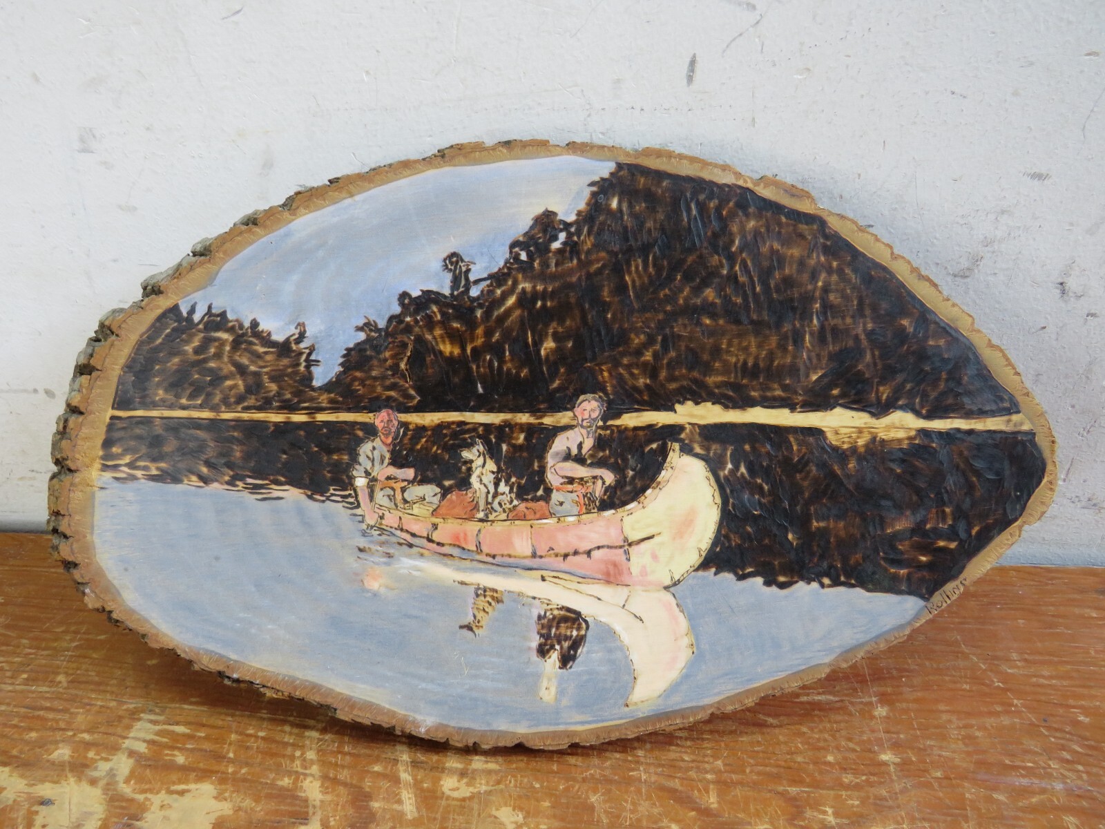 Vintage Wooden Art Canoeing w/ Bark Carving/Burning/Painting 14.5×9 Rollins