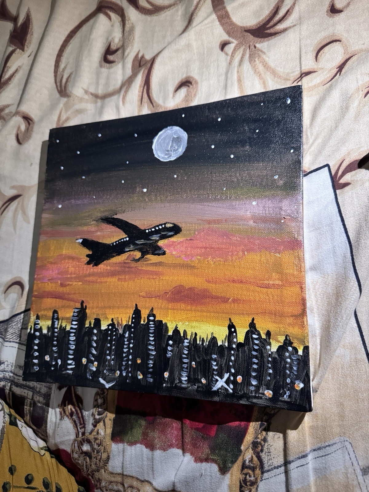 Handmade Sunset Cityscape Painting with Airplane – Acrylic