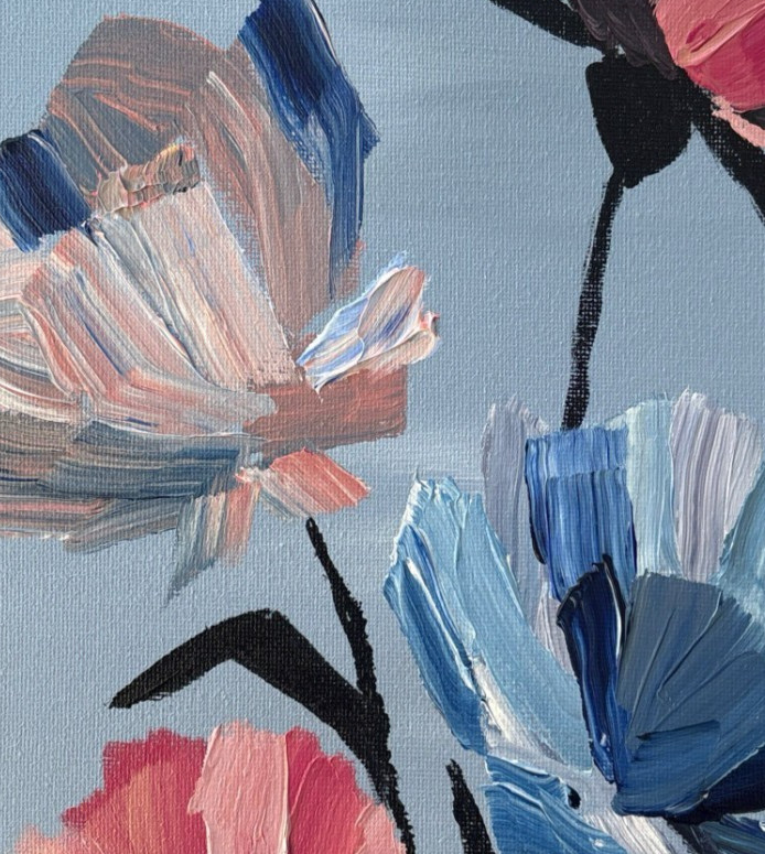 Impasto Pink Blue Flowers Original Acrylic Painting 11×14 Signed Canvas Art