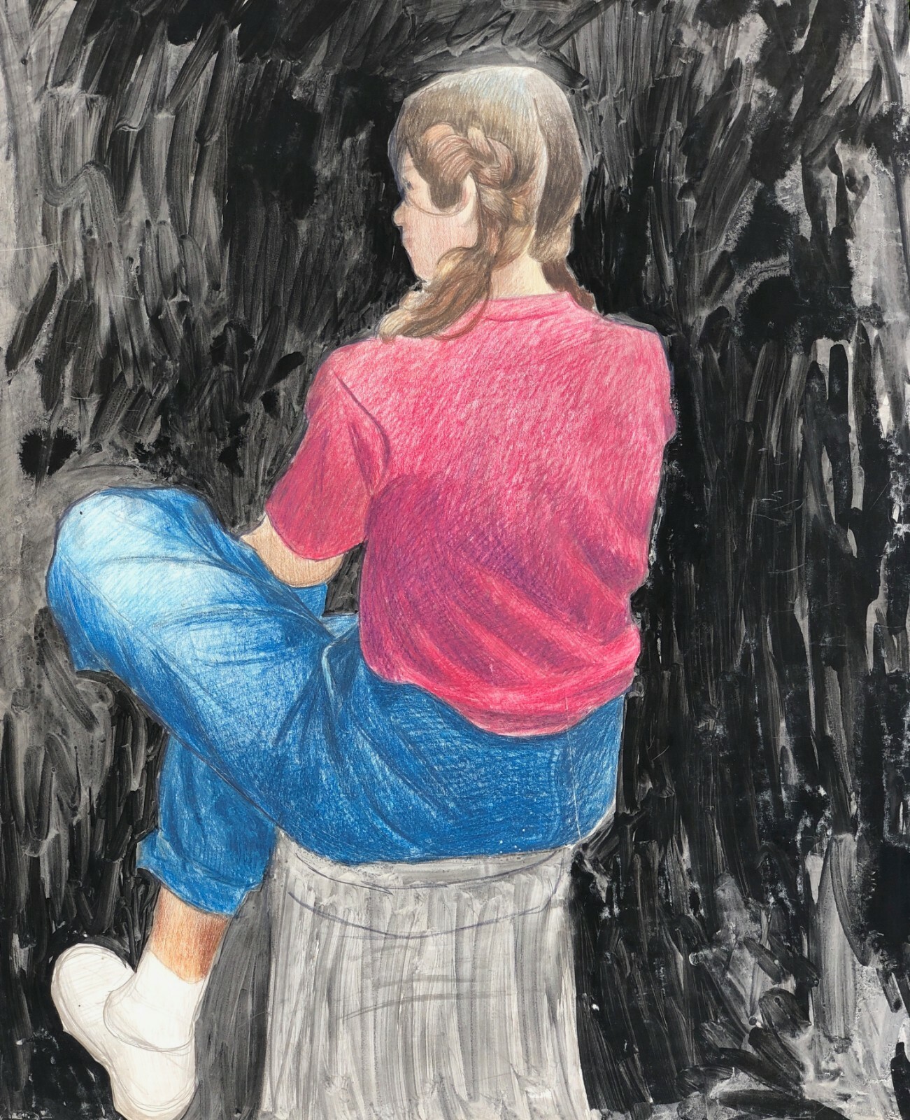 Girl in Pigtails & Pink Shirt M/M Painting-28 1/2 x 22 1/2-1960s-August Mosca