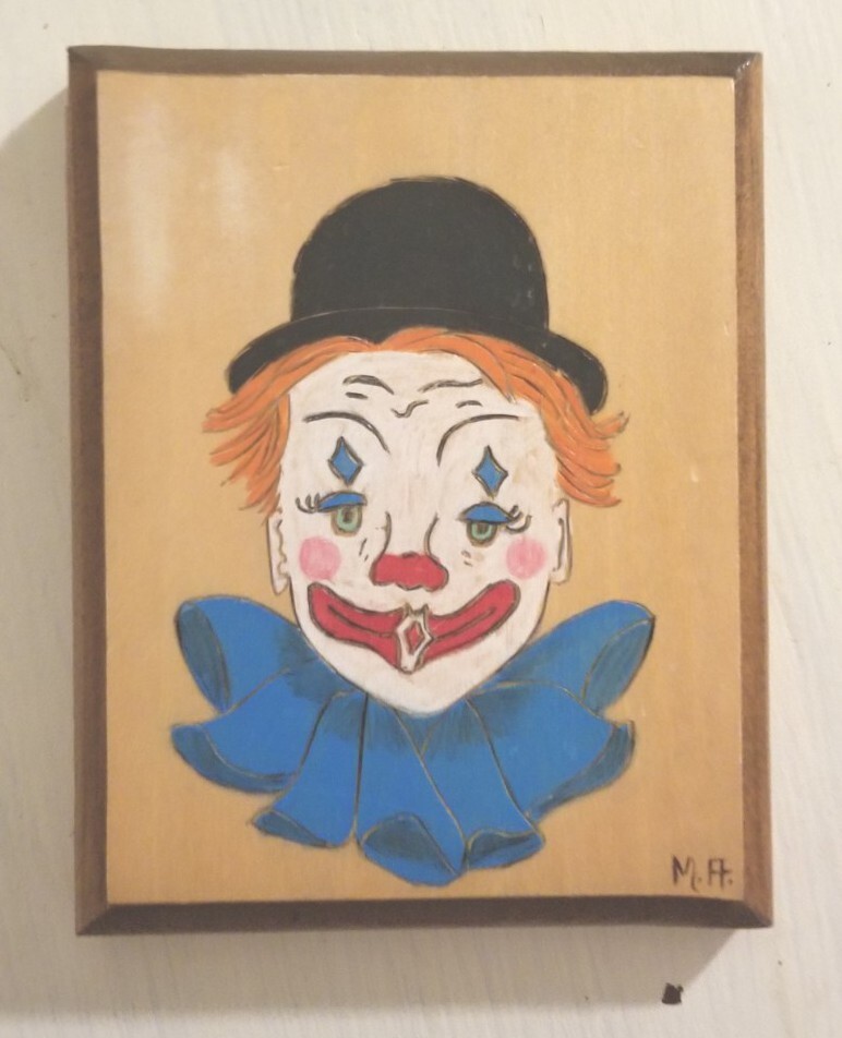 Vintage Marge Almonrode Clown Painting Multimedia Wood Etching & Paint