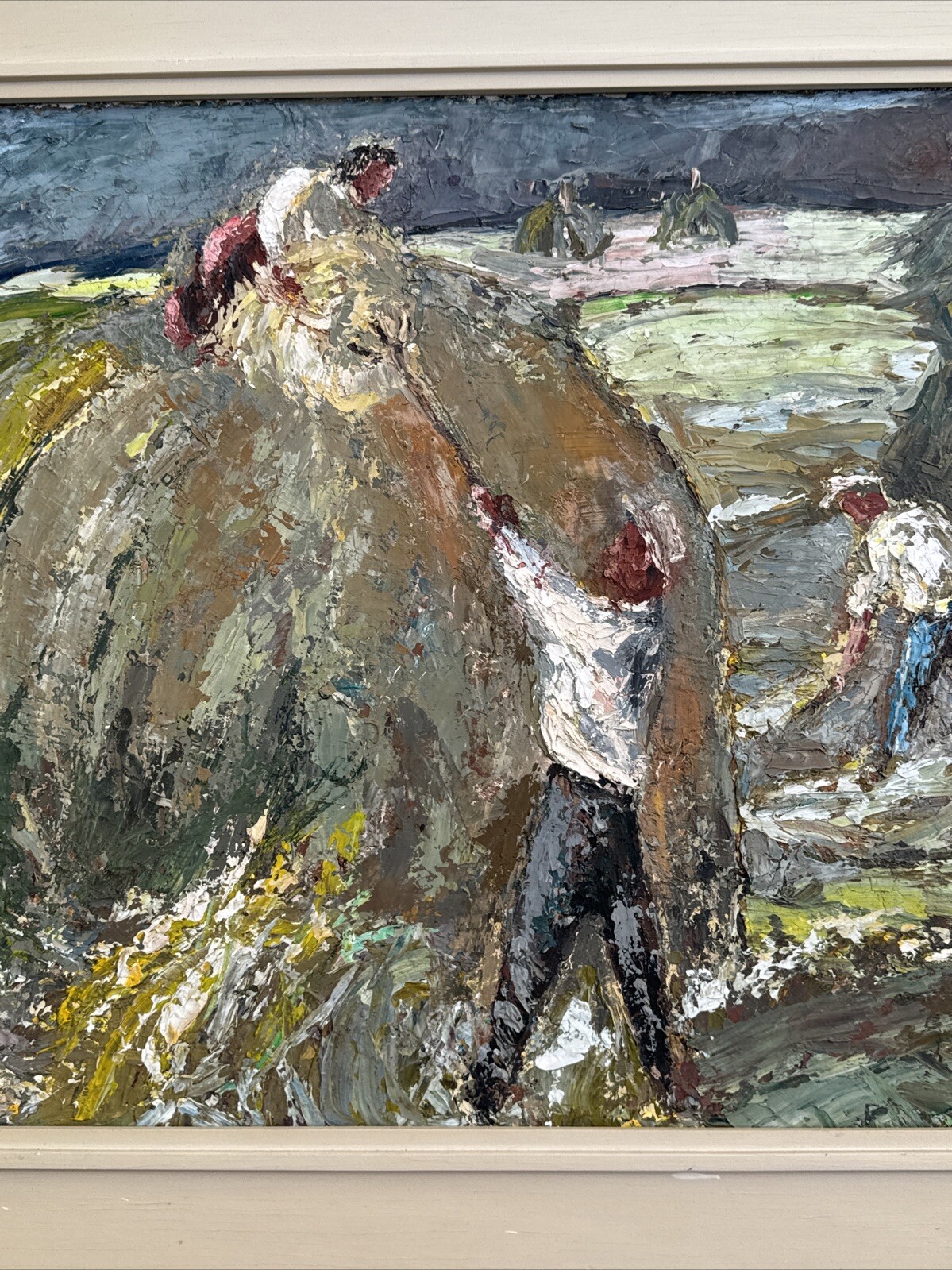 MID CENTURY FARMING PAINTING IMPRESSIONIST LANDSCAPE FARM WORKERS HAY STACKS