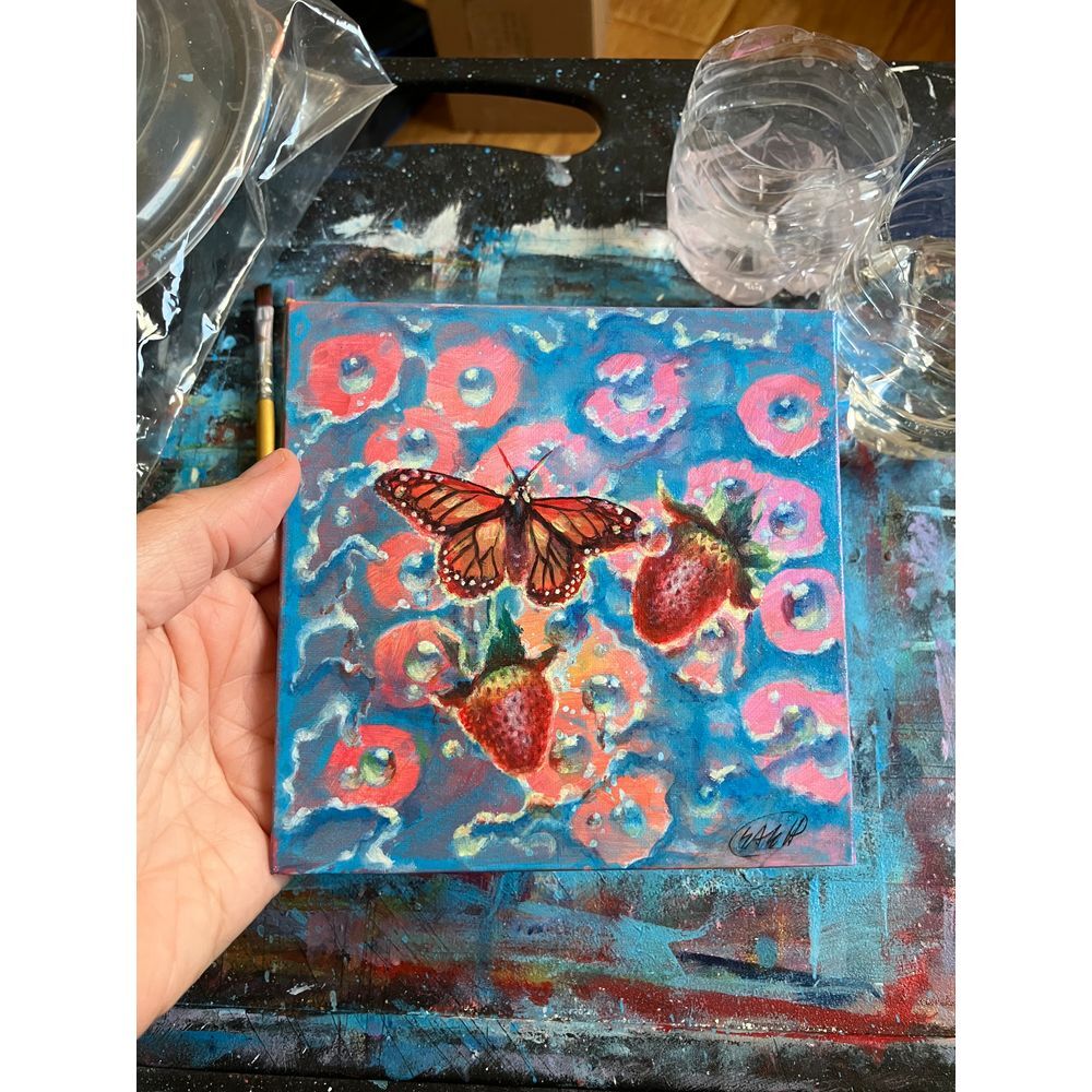 Original Butterfly Painting Strawberry Art Handmade Miniature surrealism artwork