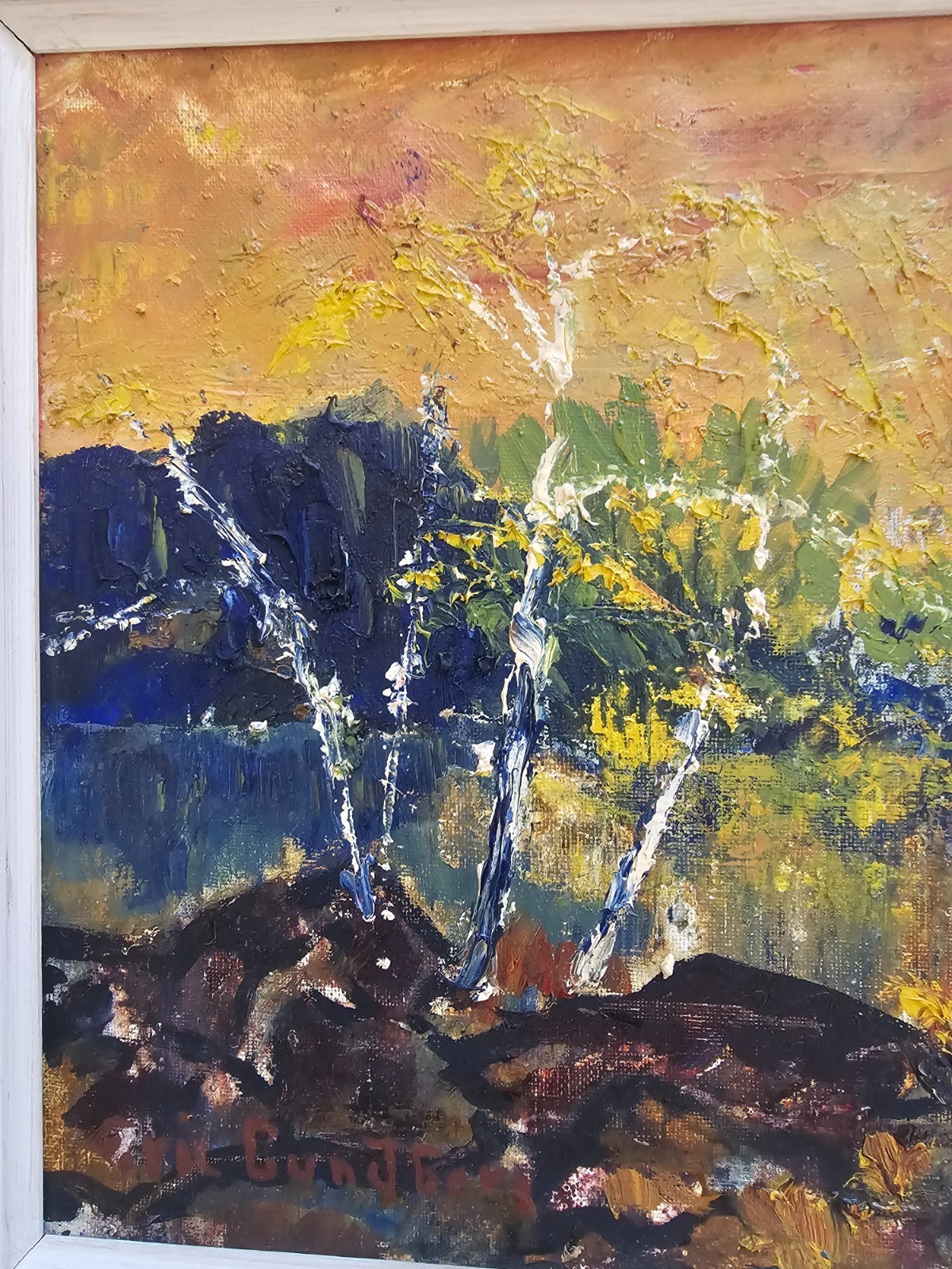 ORIGINAL NORDIC MID CENTURY PAINTING LANDSCAPE LAKE SUNSET SIGNED ERIC LUNDBERG