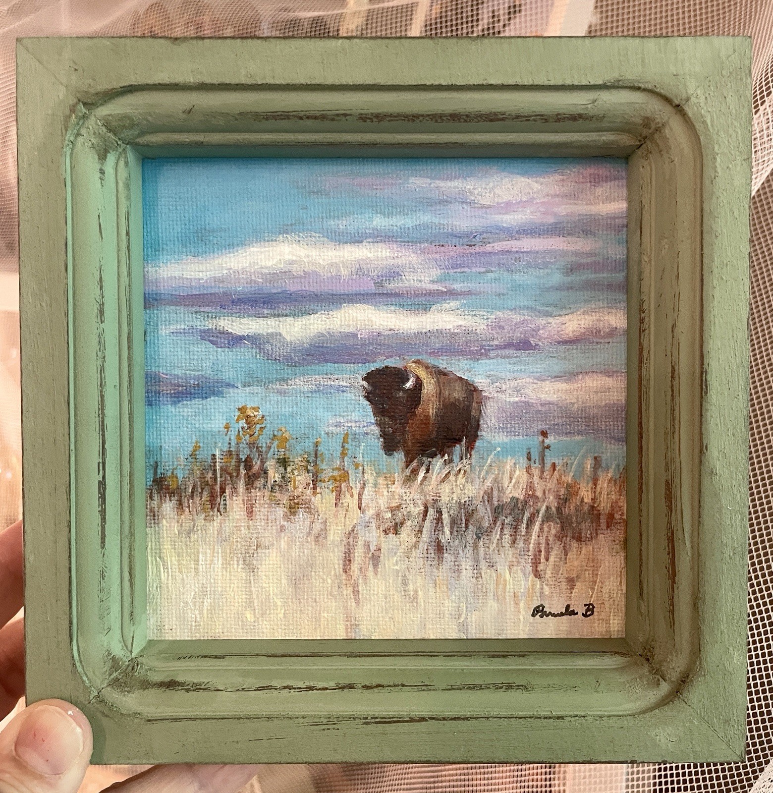 Buffalo Prairie Landscape Original Painting Framed Mini Western Art