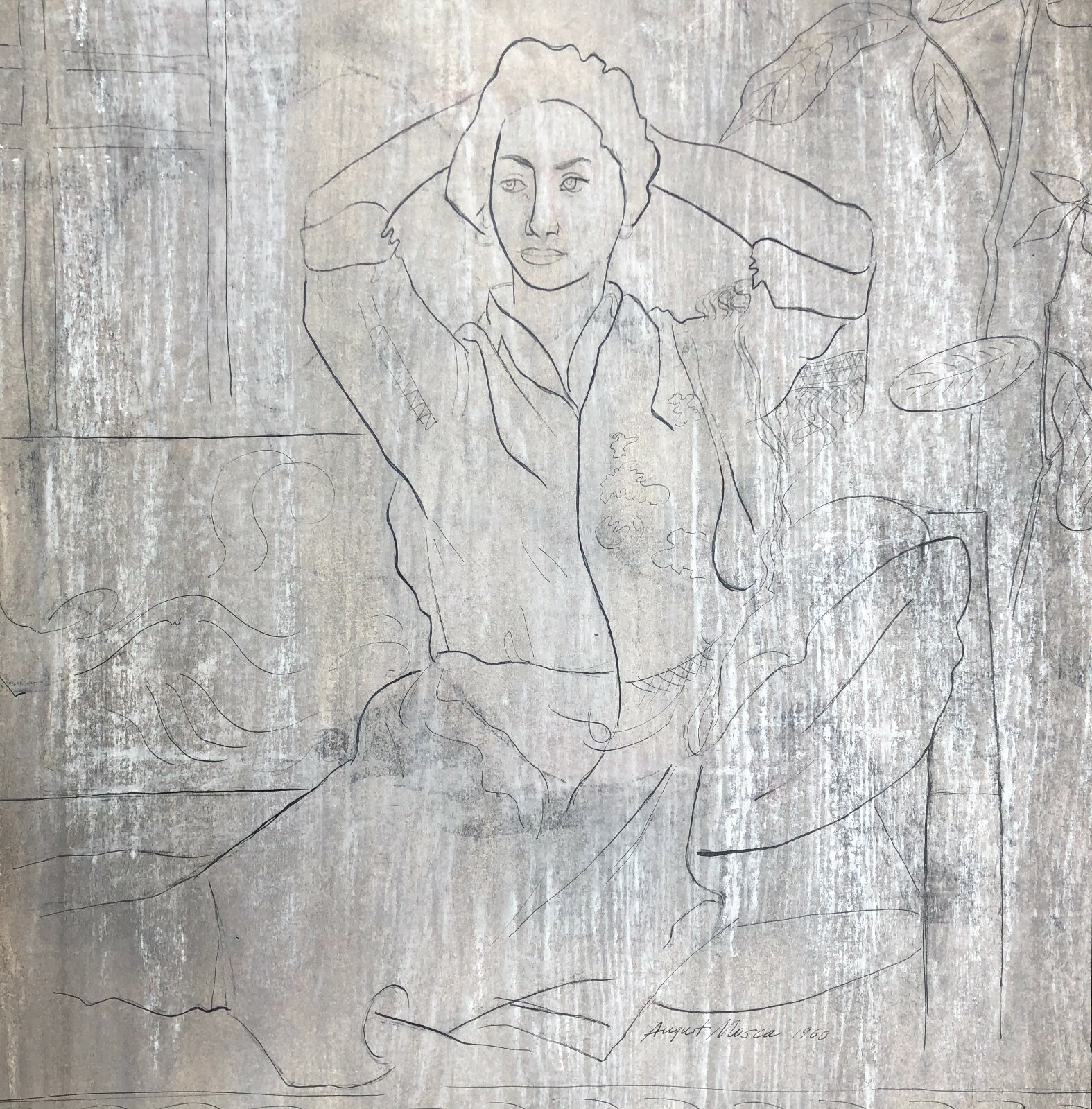 Woman in Shirt Dress & Plant-Oil Crayon&Pencil Drawing-Matisse-like1960-A. Mosca