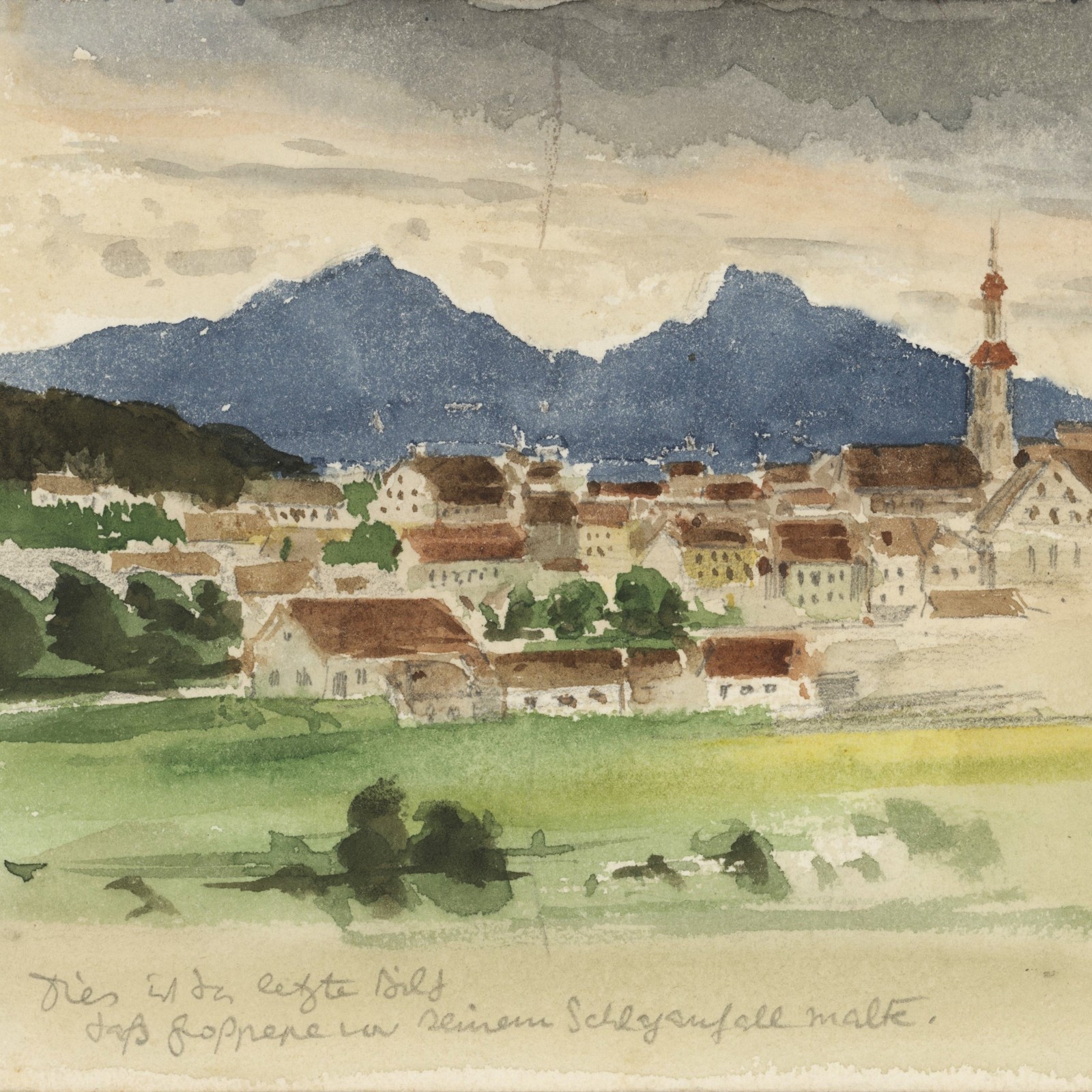 Town Off Mountains Landscape Sketch Animals Impressionism Watercolor 1899