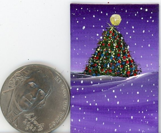 ORIGINAL 1×1.5 Acrylic Dollhouse Painting Mini Snow Christmas Tree Art HYMES