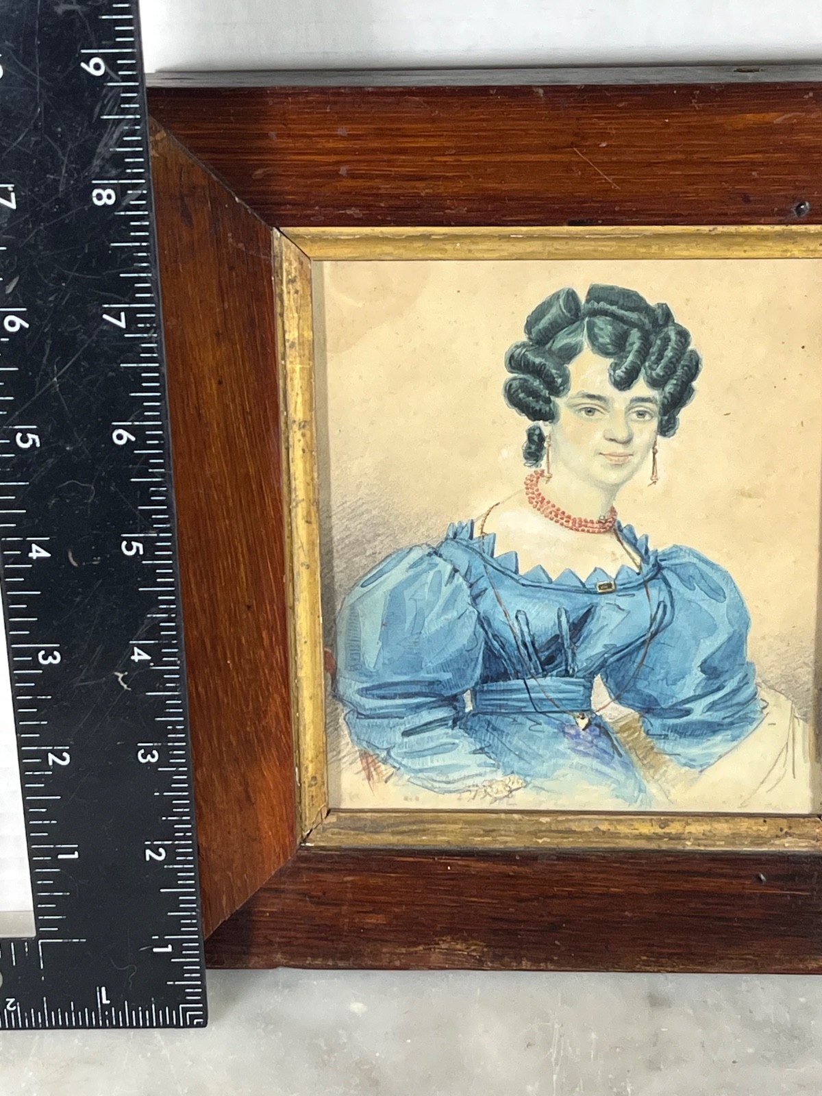 Antique 1830s Colored Lithograph portrait young Woman Wood Framed 7”x 8”