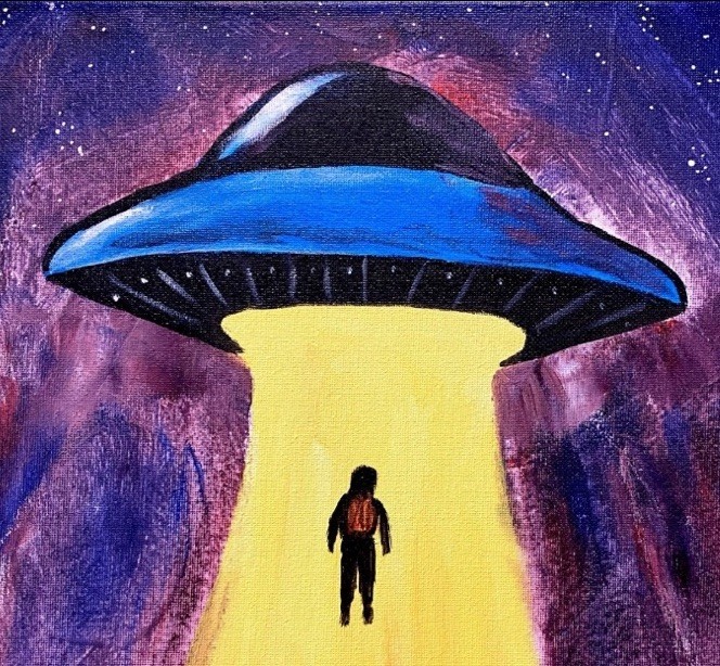 UFO Alien Abduction Flying Saucer Night Sky Purple Hand Painted 11×14 Canvas