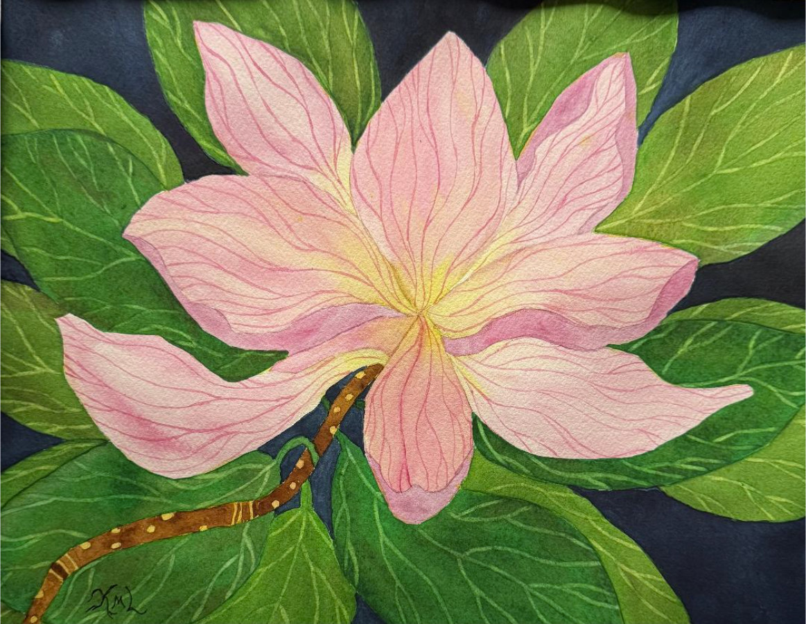 PAINTING WATERCOLOR 11X14 AND MAT 16X20 FLOWER MAGNOLIA PINK YELLOW ORIGINAL ART