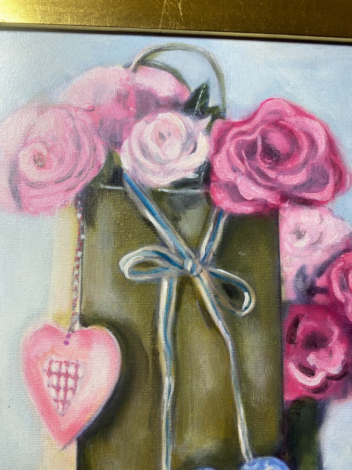 Pearl Mintzer «Hearts And Flowers Scene» Oil Painting – Signed And Framed