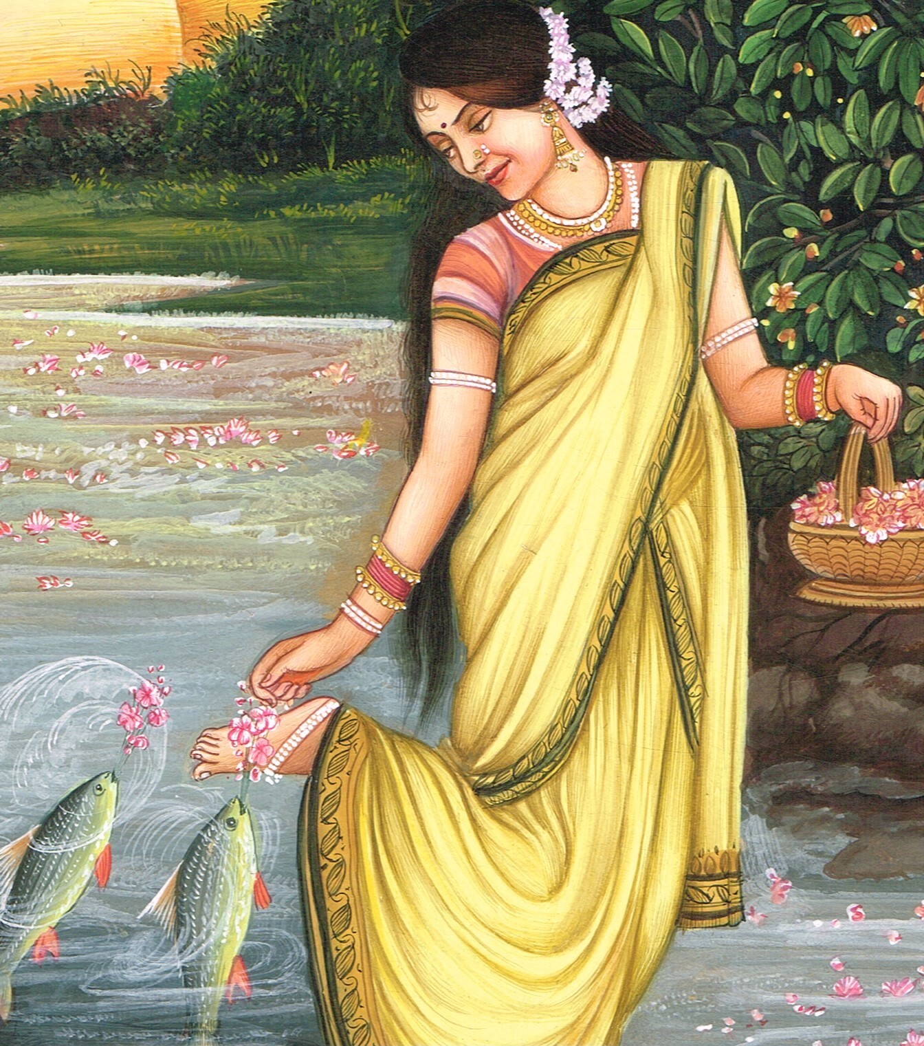 Nature Art Painting Of Indian Woman In River With Fish On Paper 10.5×13.5 Inches