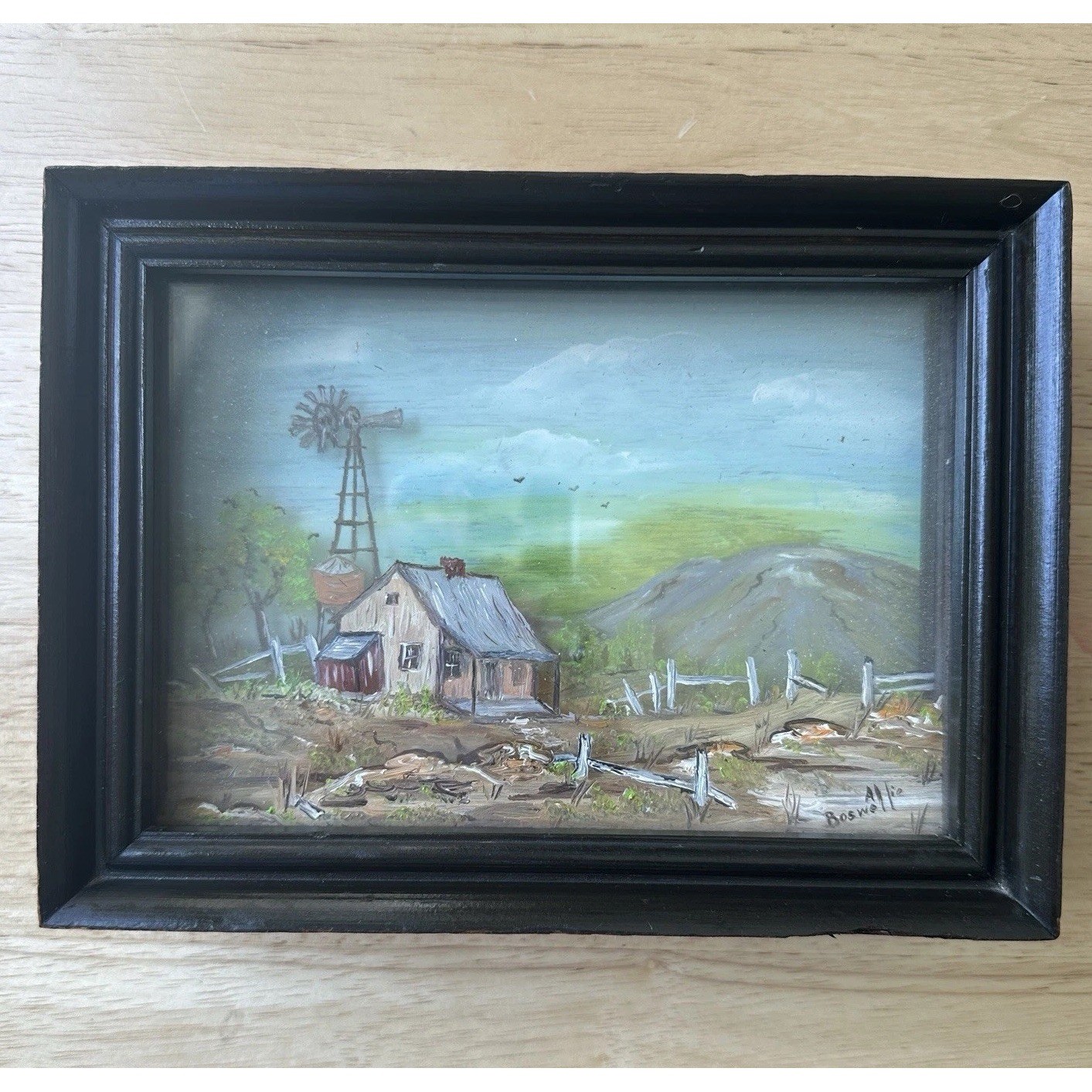 VTG Allie Boswell Oil Painting 8x6x2 Inch 3D Texas Barn Windmill Country Scene