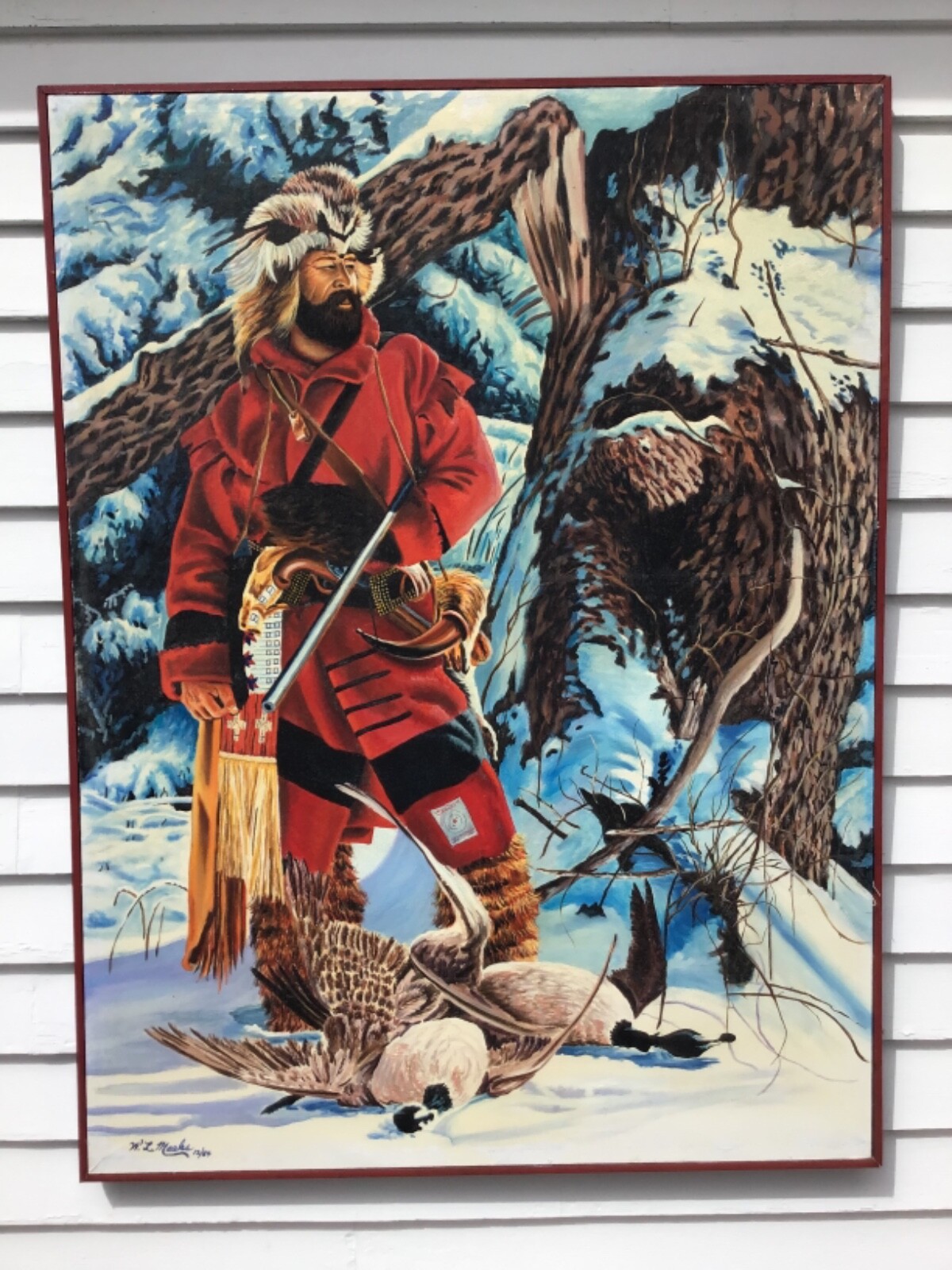 Large W.L. Meeks Hunter/Trapper Oil/Canvas 49″x 37″