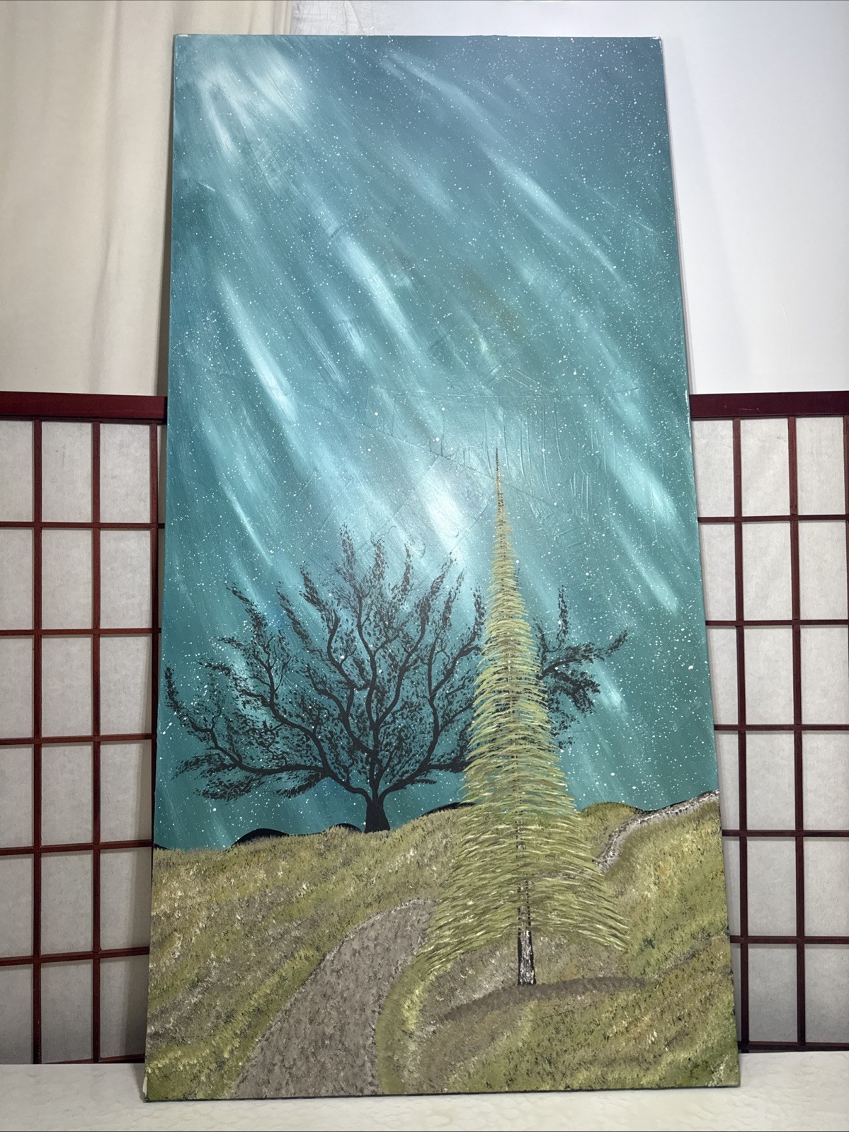 Northern Lights Aurora Borealis Blue Tree acrylic painting original artist 24×48