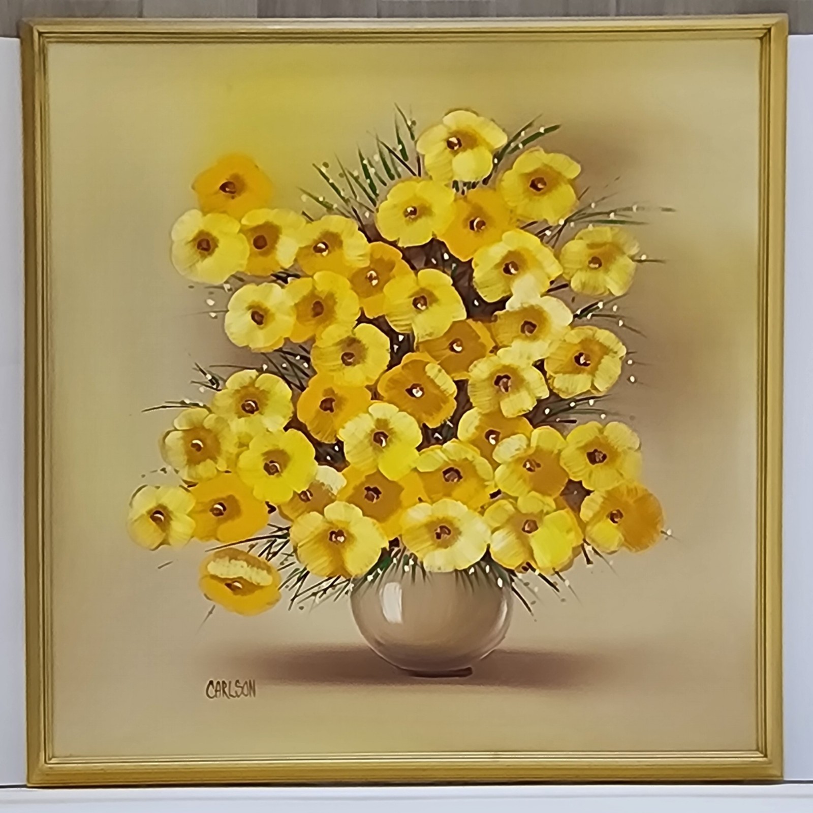 Vintage Carlson Yellow Floral Oil Painting Framed 1970s Mid Century 39×39 Large