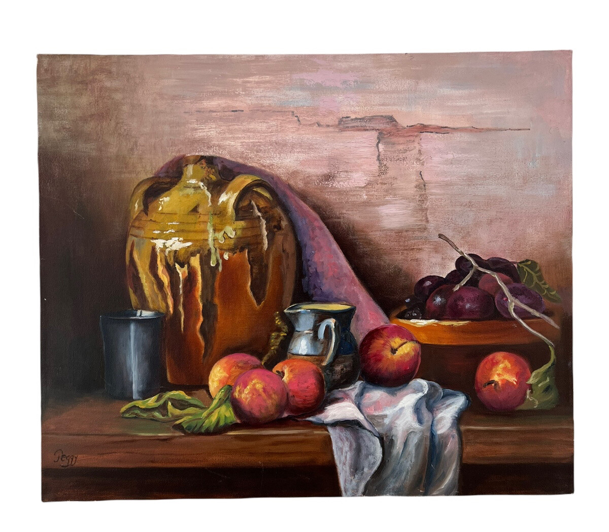 Vintage Still Life Fruits Apple Grapes Wine Jug oil painting signed Peggy 24×20