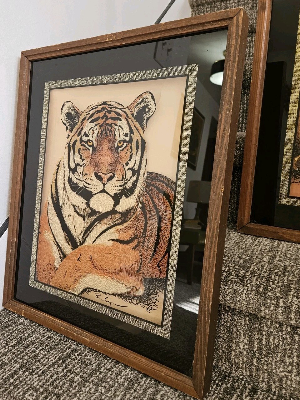 Rare 2 Framed Reverse On Glass Tiger Lion Lulu’s Inc Vintage 77′ Wall Art Retro