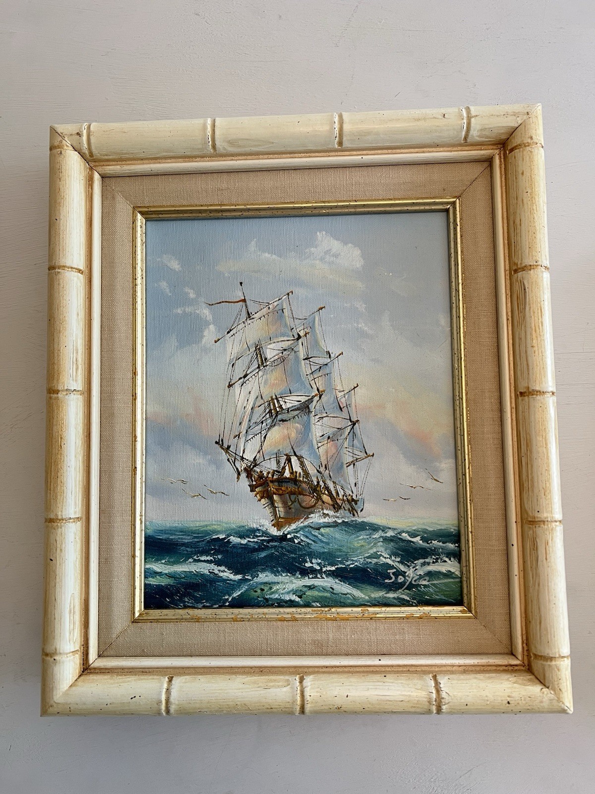 Seascape Framed Painting Canvas Sailing Ship Ocean Wood Bamboo Signed 14×12”